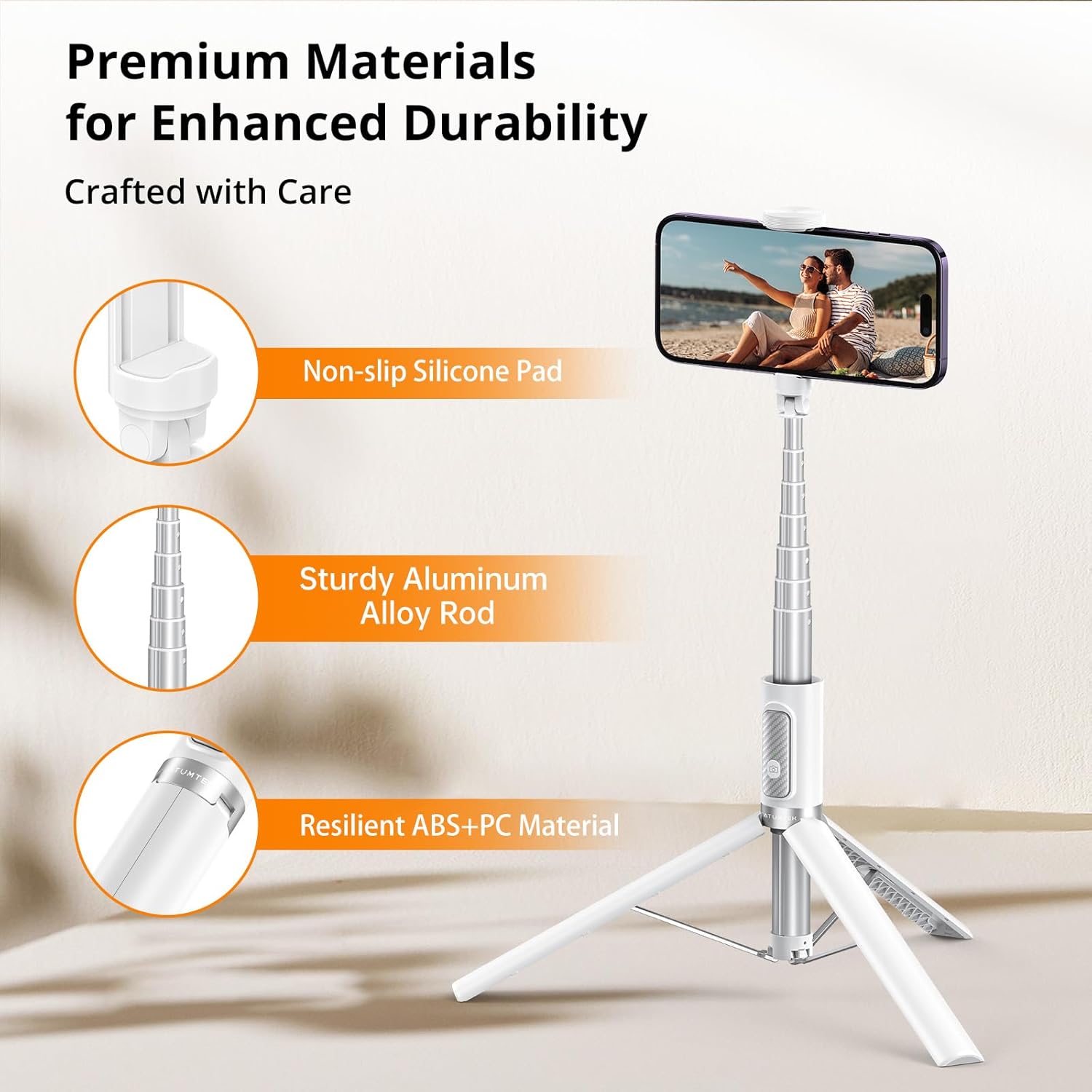ATUMTEK 62" Selfie Stick Tripod, Extendable Aluminum Tripod with Rechargeable Bluetooth Remote, Compatible with iPhone and Android Smartphones, Perfect for Travel, Vlog, Video and Photo, White
