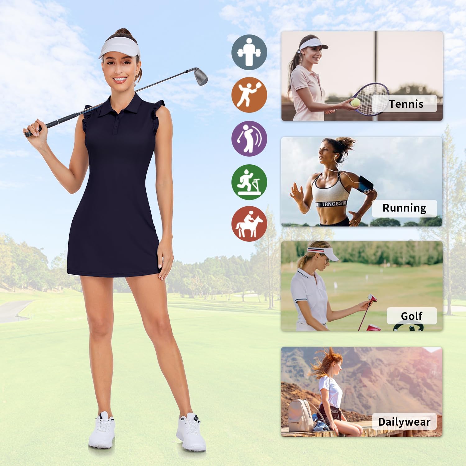 WOWENY Tennis Dress Polo Buttons Golf Dresses with Built in Shorts and Pockets Ruffle Sleeveless Athletic Workout Dress