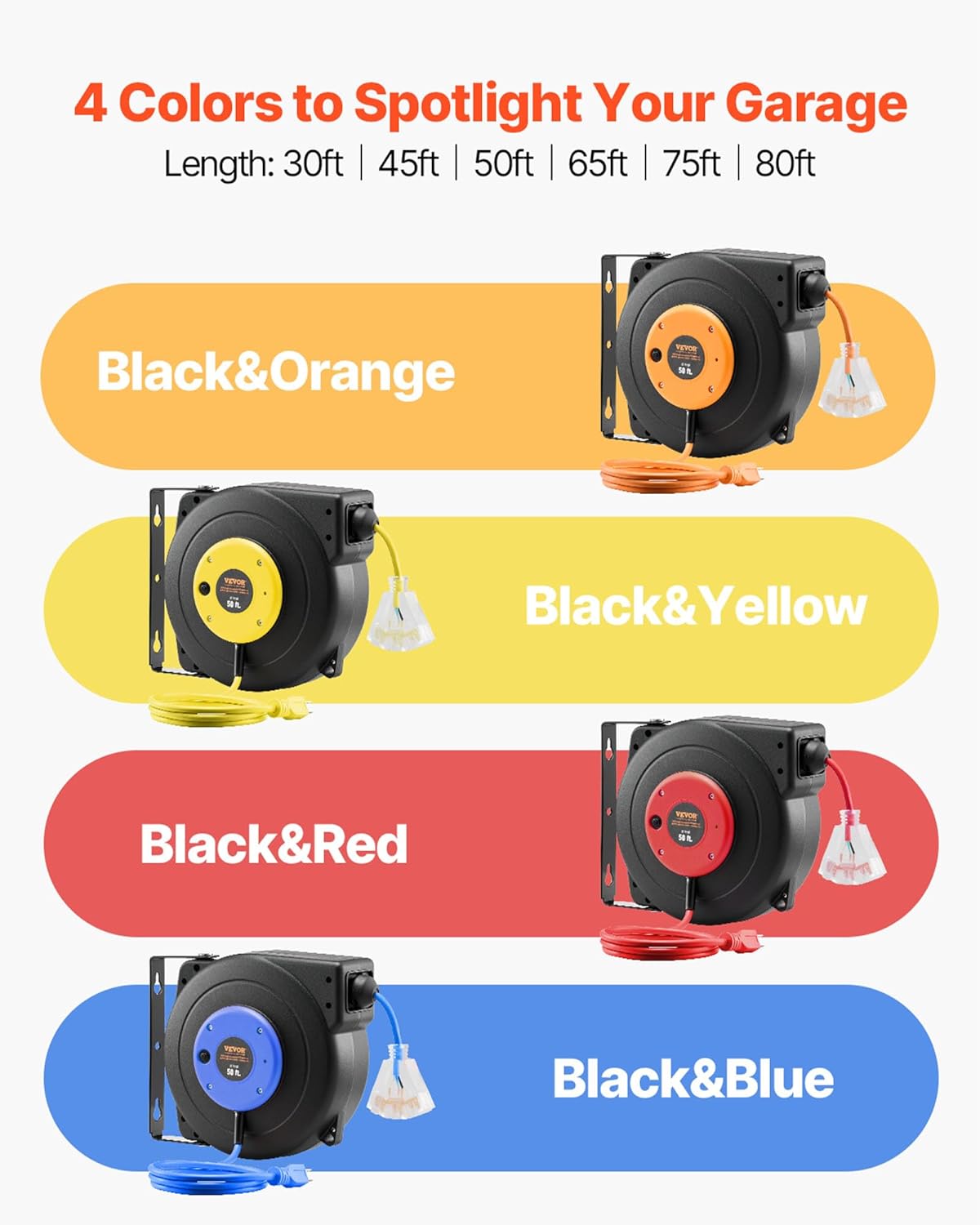 VEVOR Retractable Extension Cord Reel, 45 FT, Heavy Duty 12AWG/3C SJTOW Power Cord, with Lighted Triple Tap Outlet, 15 Amp Circuit Breaker, 180° Swivel Bracket for Ceiling or Wall Mount
