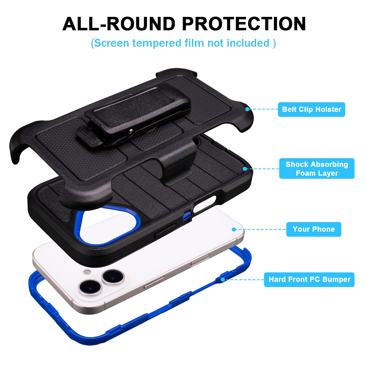 Black for iPhone 16 Case with Belt Clip Holster, Heavy Duty Rugged Military Grade Shockproof Case for iPhone 16 Case Protective Cover with Kickstand 6.1 Inch