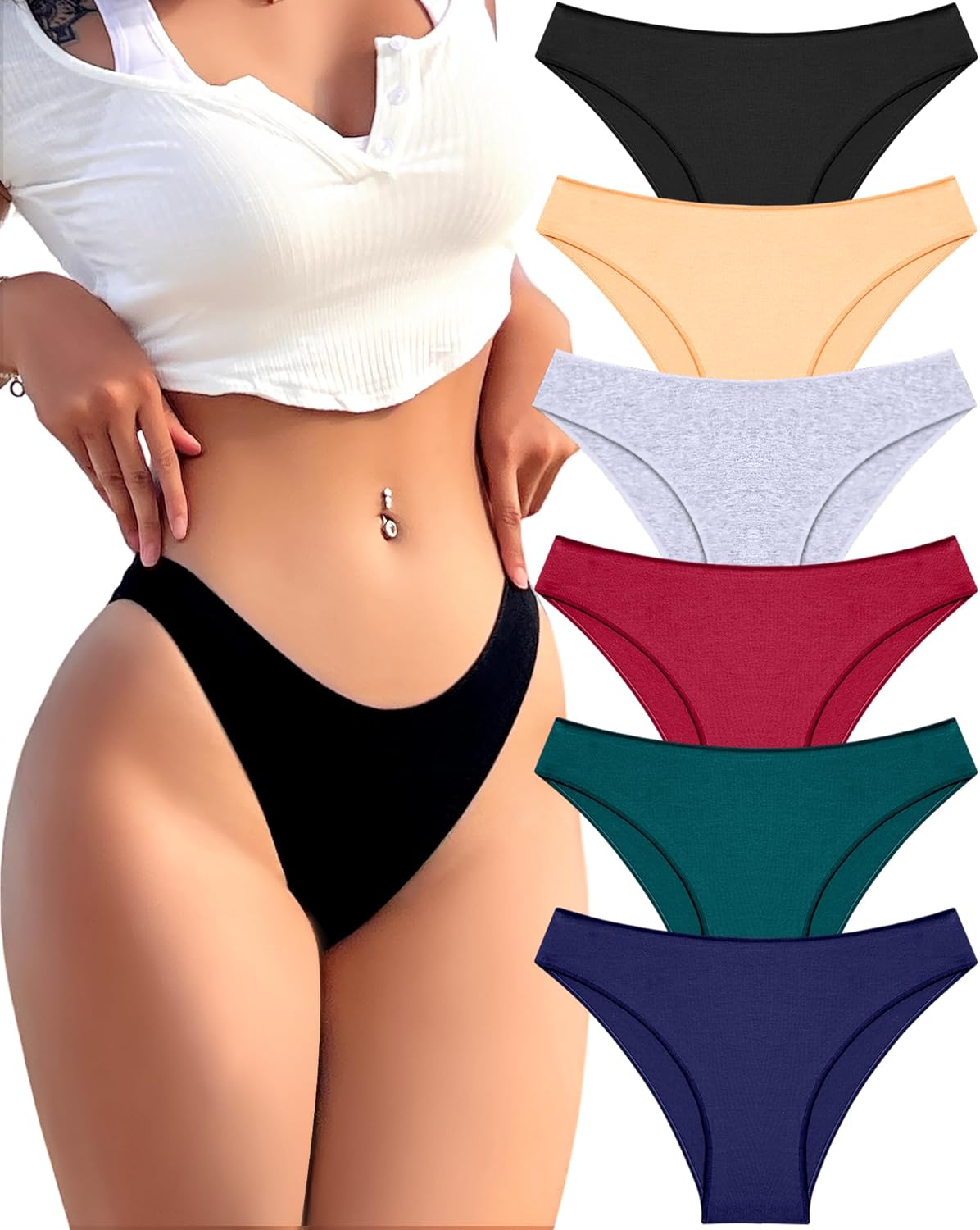 6 Pack Cotton Underwear for Women Cute Low Rise Bikini Panties High Cut Breathable Sexy Hipster Womens Cheeky S-XL