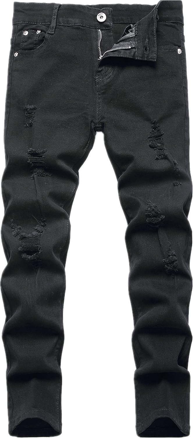 Boy's Skinny Fit Ripped Destroyed Distressed Stretch Slim Jeans Pants
