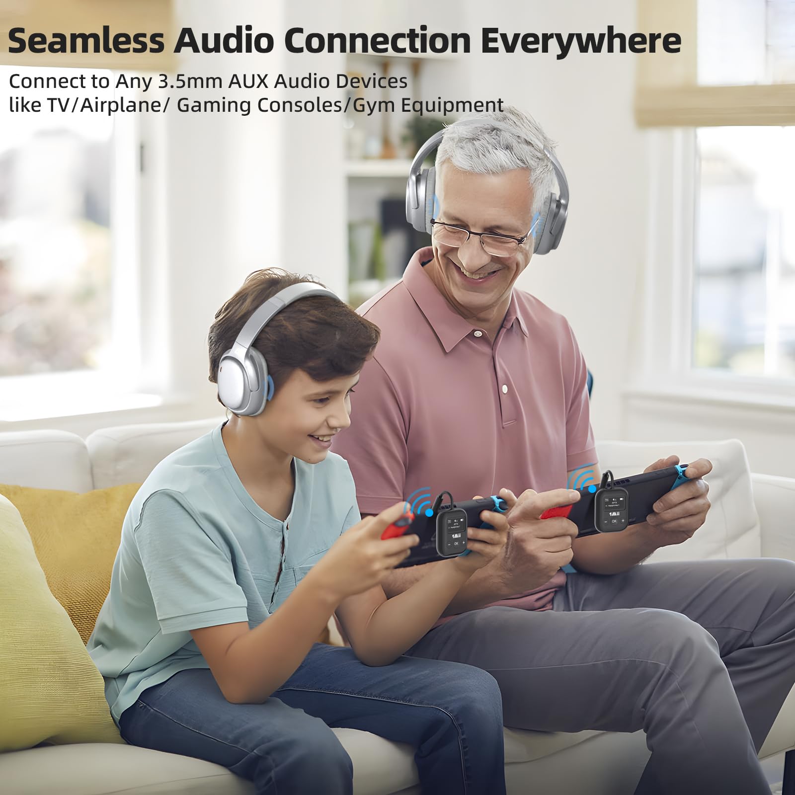 1Mii Bluetooth Transmitter for Airplane, Bluetooth 5.3 Adapter for TV,Airplane Travel Essentials, Aptx Low Latency Wireless Audio Aux for Headphones, Any 3.5mm Jack,Linking 2 Devices (White)