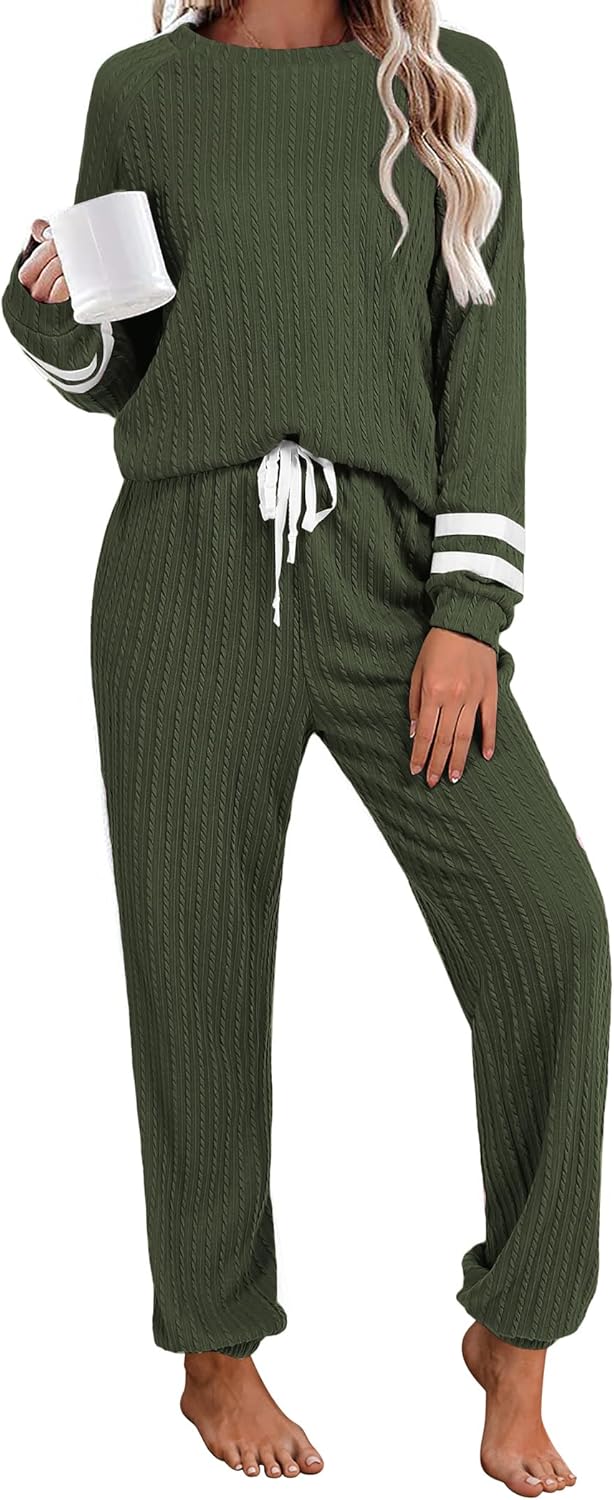 Ekouaer Lounge Sets for Women Ribbed Knit Outfits Pajamas Sets 2 Piece Long Sleeve Sweatsuits with Pockets
