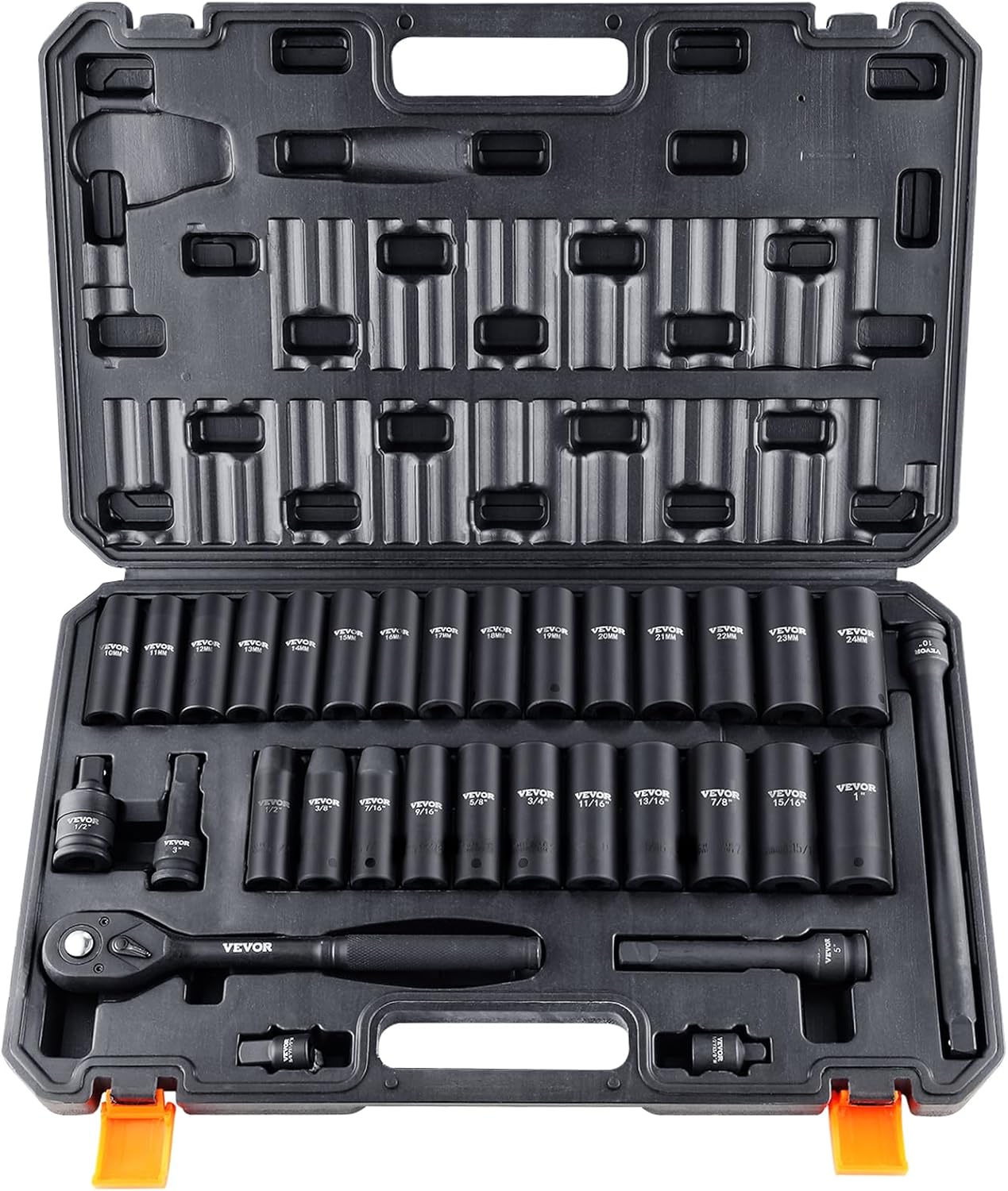 VEVOR Impact Socket Set 3/4 Inches 29 Piece Impact Sockets, 6-Point Sockets, Rugged Construction, CR-M0, 3/4 Inches Drive Socket Set Impact SAE 3/4 inch - 2-1/2 inch, with a Storage Cage