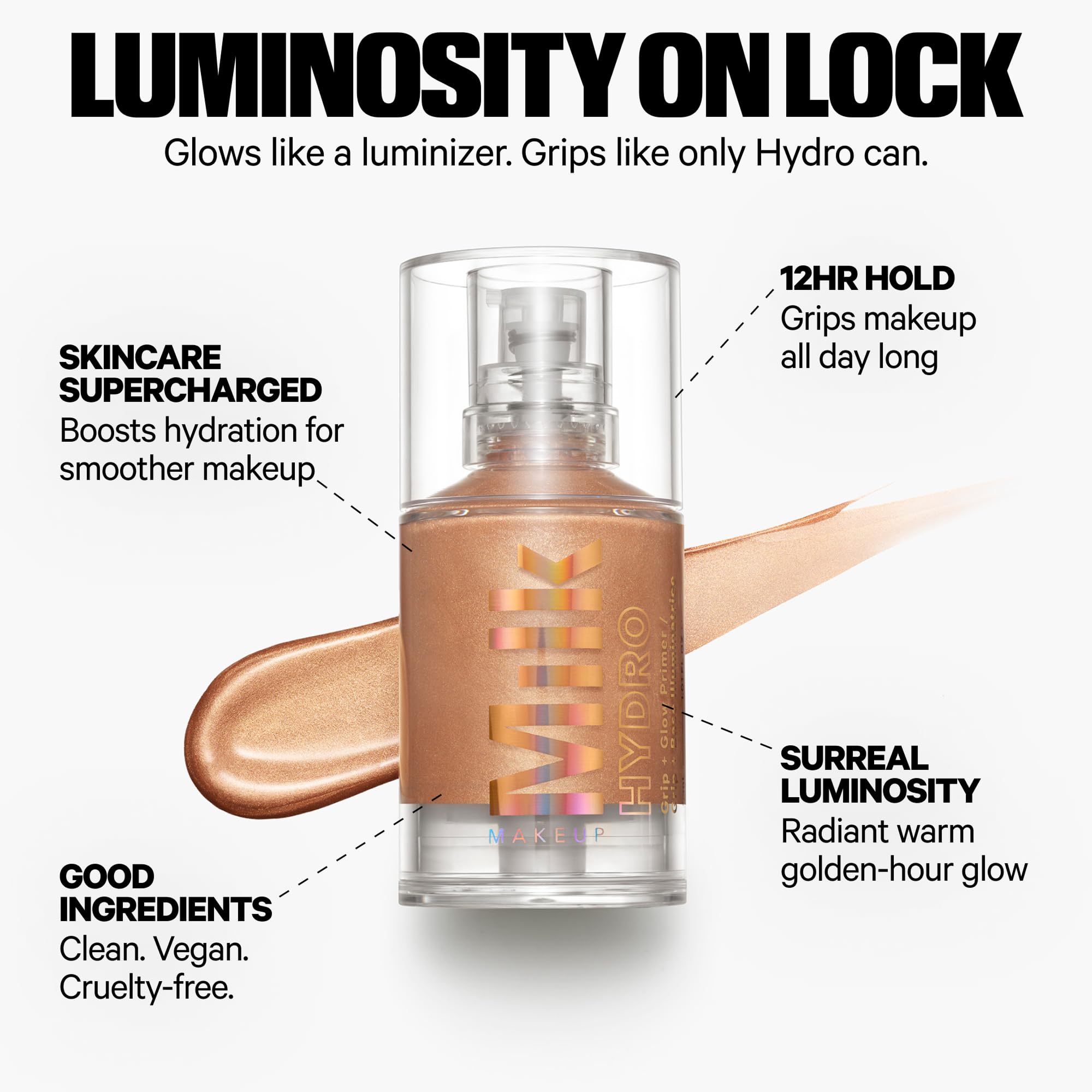 Milk Makeup Hydro Grip + Glow Primer with Hyaluronic Acid – Illuminating Face Primer Grips Makeup for Up to 12 Hours – Silicone-Free, Hydrating Formula with Radiant, Golden Finish – 1 oz