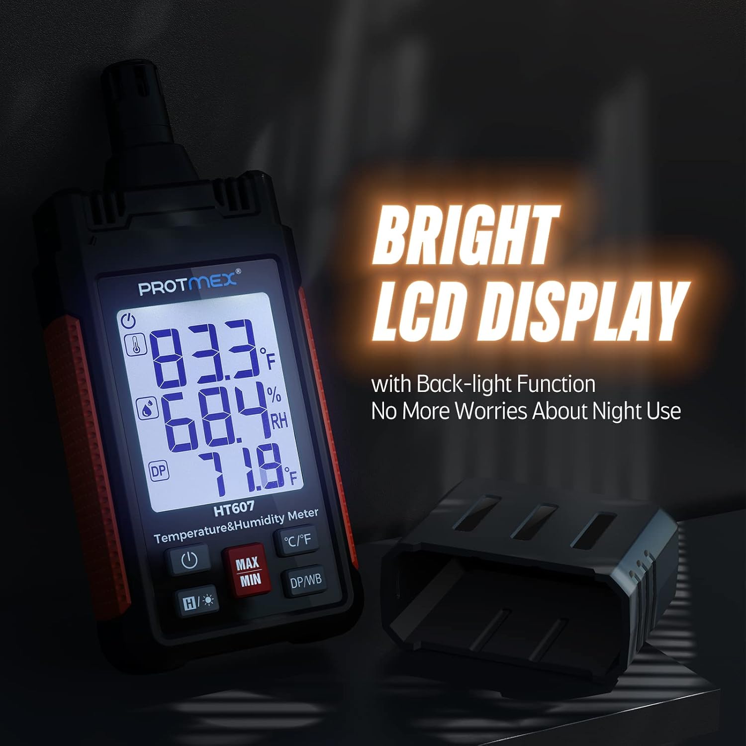 HT607 Temperature Humidity Meter High Precision Digital Hygrometer with Ambient, Relative Humidity, Dew Point, Wet Bulb Thermometer, Min/Max Hold, LCD Backlight with Cover Protector