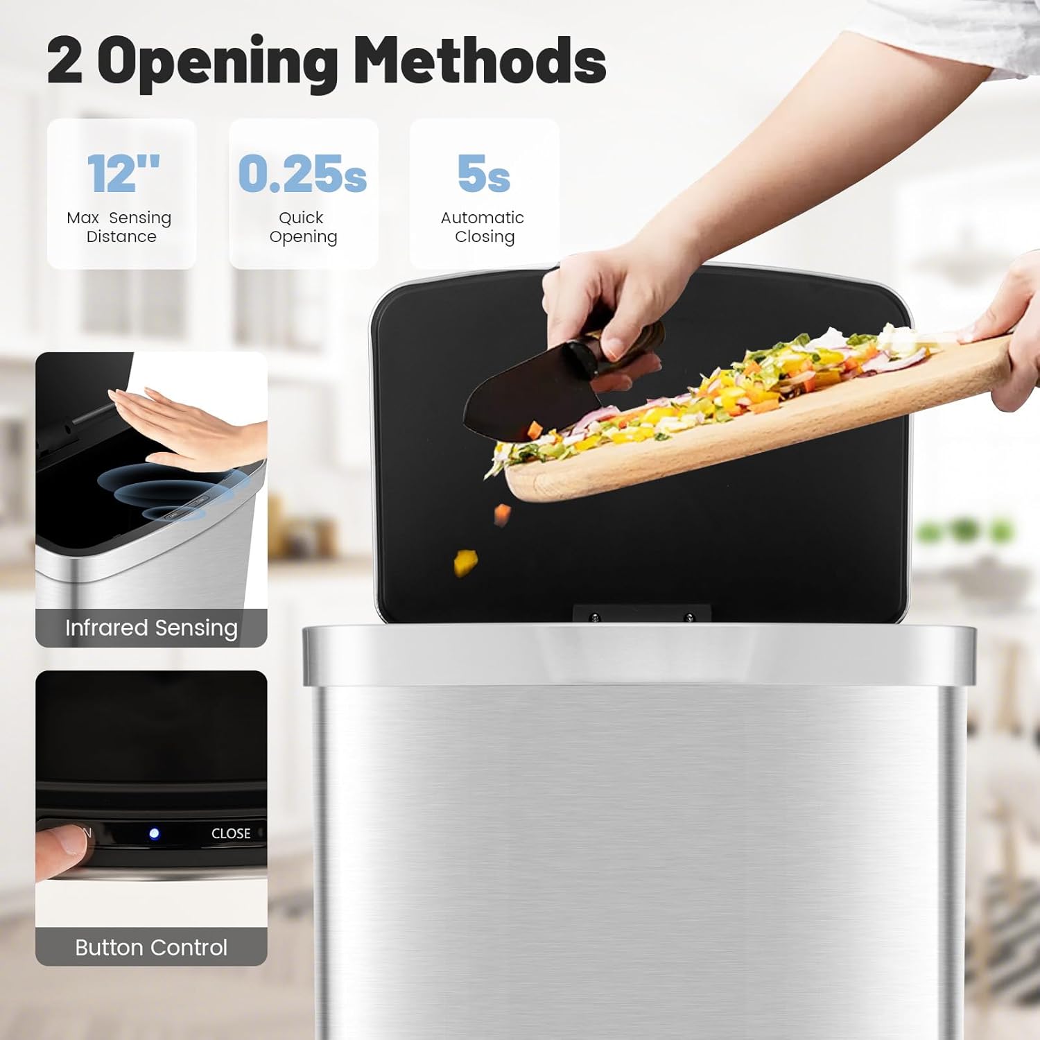 Goplus 13 Gallon/ 50L Touchless Trash Can, Rectangular Motion Sensor Trash Bin with Soft Close Lid & Deodorizer Compartment, Stainless Steel Automatic Garbage Can for Kitchen, Office