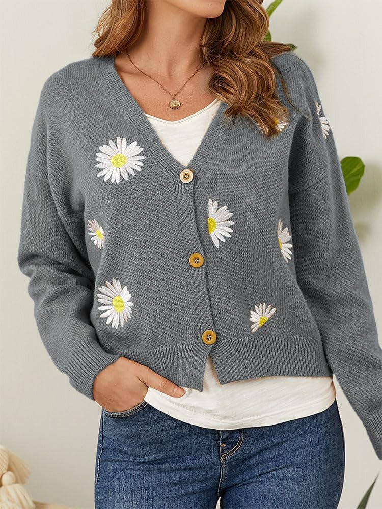 ZOCAVIA Women's Floral Knit Sweaters Cardigan Fall Winter Button Down Open Front Casual Flower Embroidered Cropped Sweaters