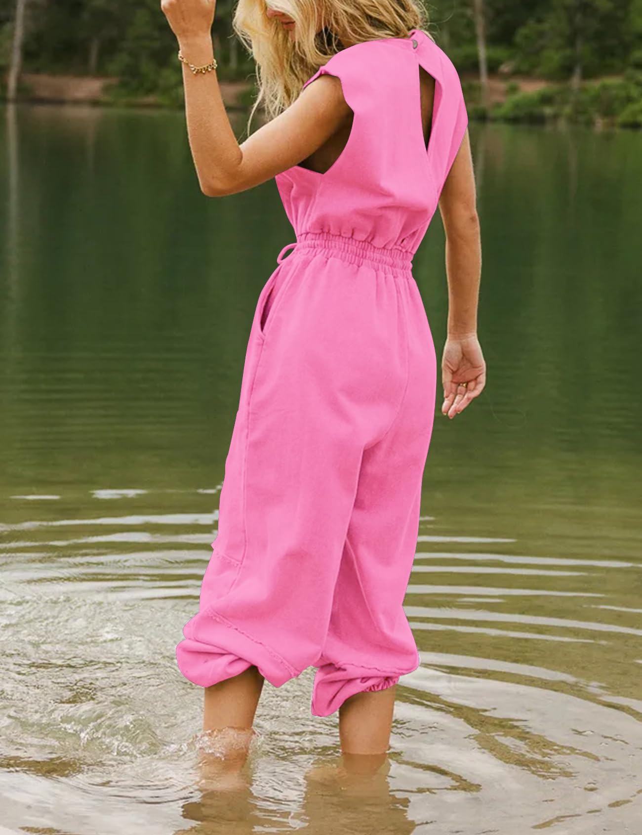 Flygo Womens Casual Jumpsuit Crewneck Cap Sleeve Long Wide Leg Pants One Piece Outfits Drawstring Romper with Pockets(LightGrey-M)