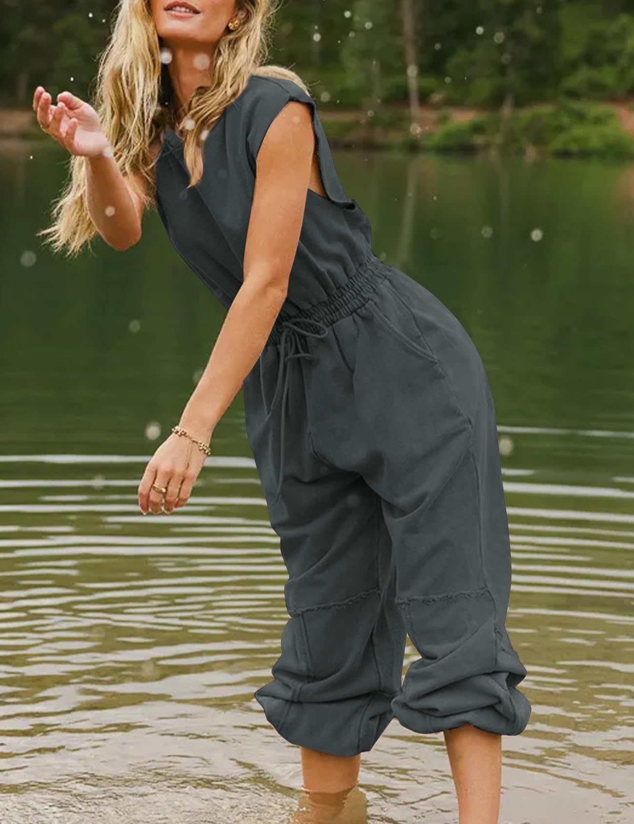 Flygo Womens Casual Jumpsuit Crewneck Cap Sleeve Long Wide Leg Pants One Piece Outfits Drawstring Romper with Pockets(LightGrey-M)