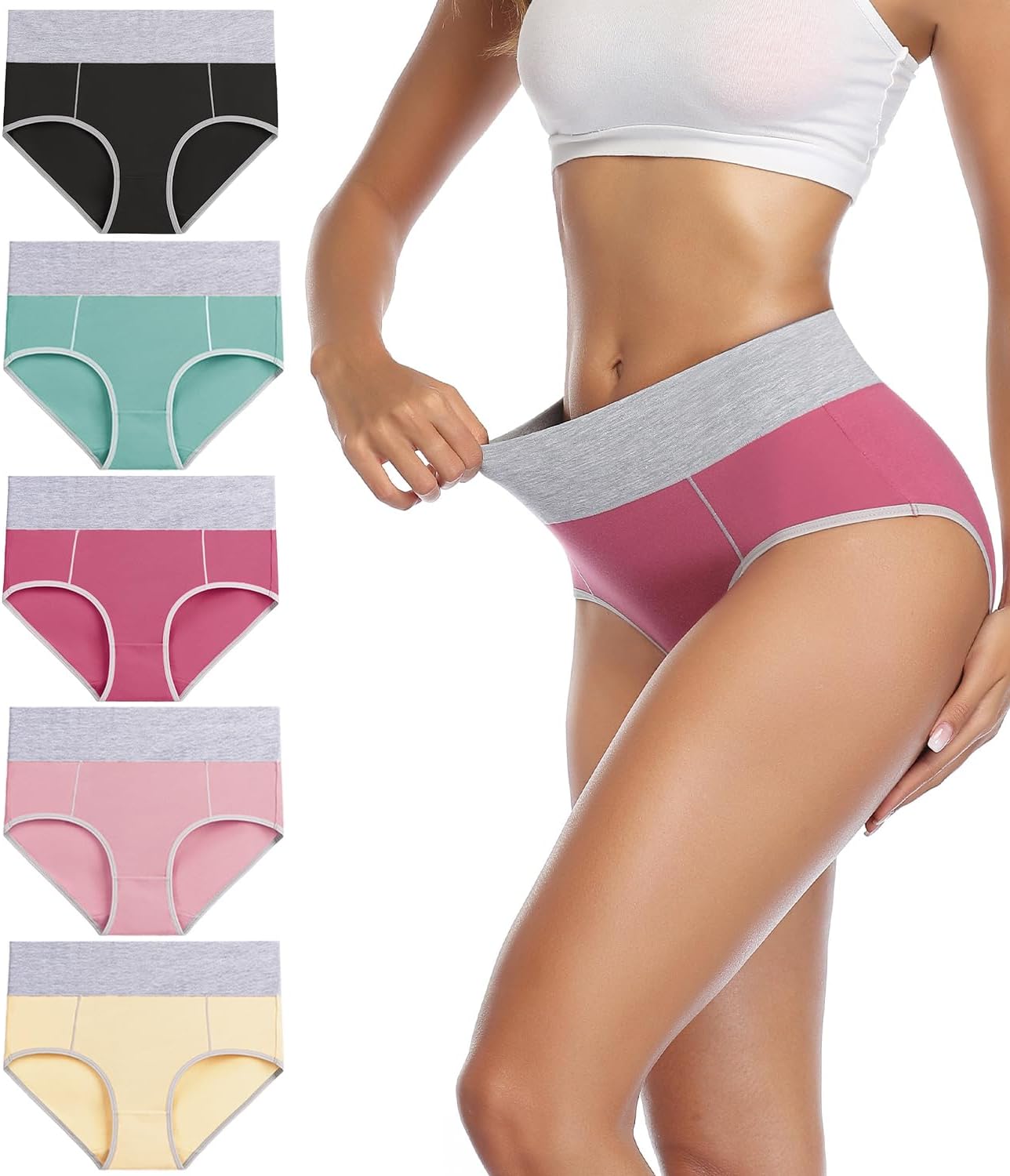 wirarpa Women's Cotton Underwear High Waist Stretch Briefs Soft Underpants Ladies Full Coverage Panties 5 Pack