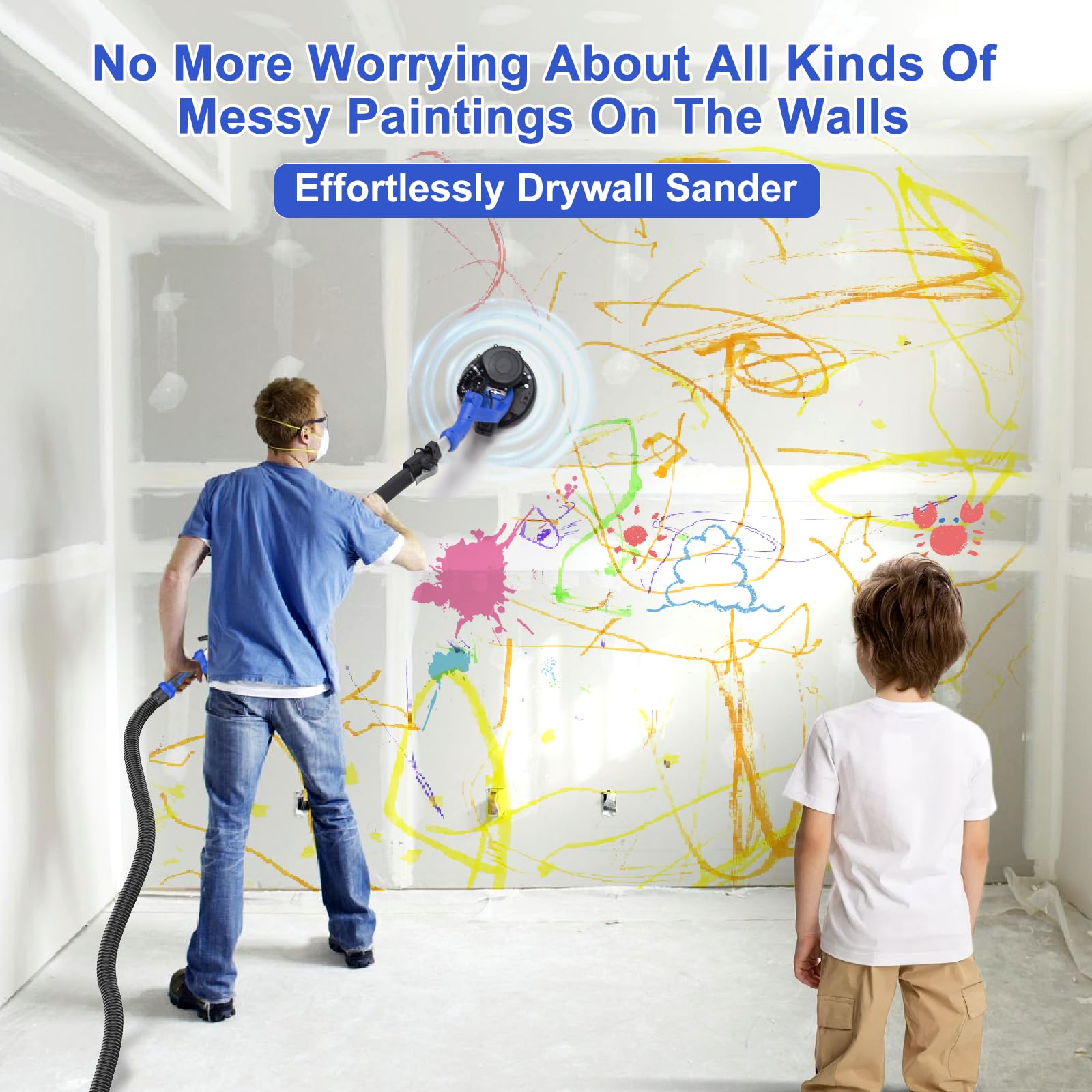 Drywall Sander, 1000W Popcorn Ceiling Removal Tool, Automatic Drywall Sander with Vacuum Dust Collection, LED Light, 6 Variable Speed 800-2200RPM,15Pcs Sanding Discs, Foldable & Extendable Handle