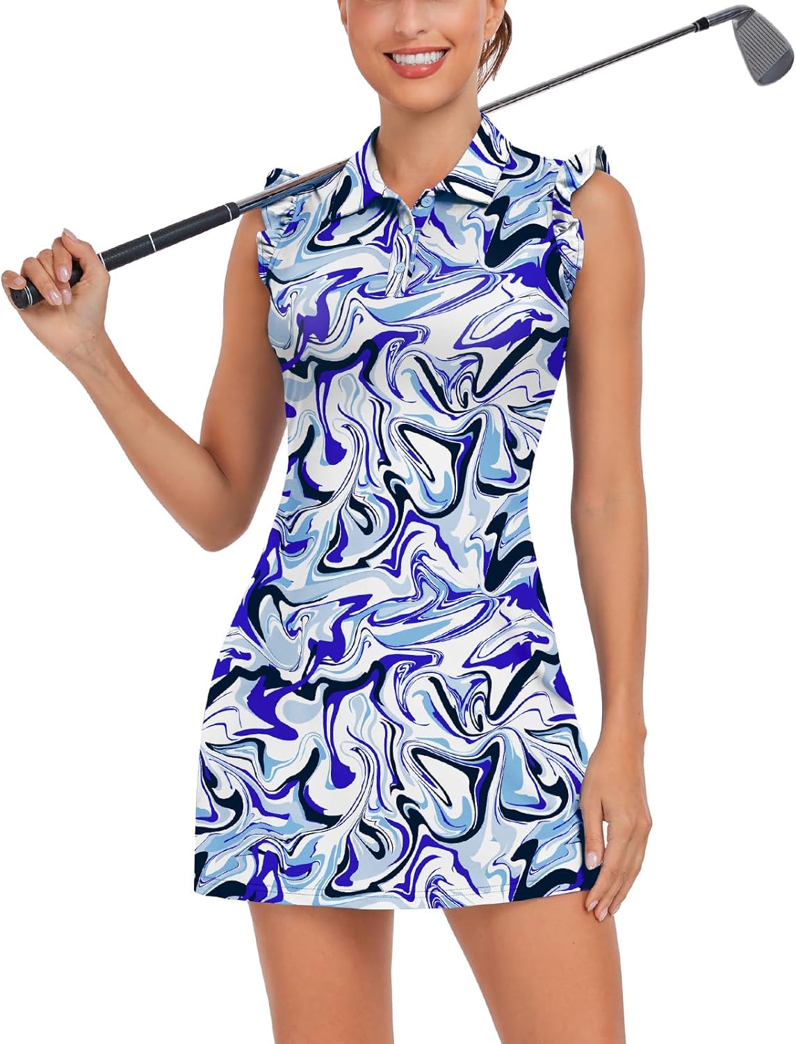 WOWENY Tennis Dress Polo Buttons Golf Dresses with Built in Shorts and Pockets Ruffle Sleeveless Athletic Workout Dress