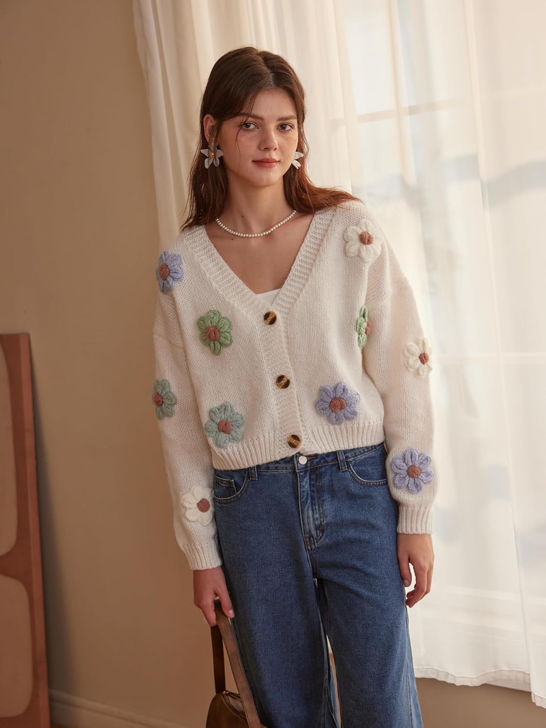 CIDER Women’s Floral Cropped Cardigan Cute Flower V Neck Button Down Trendy Sweater