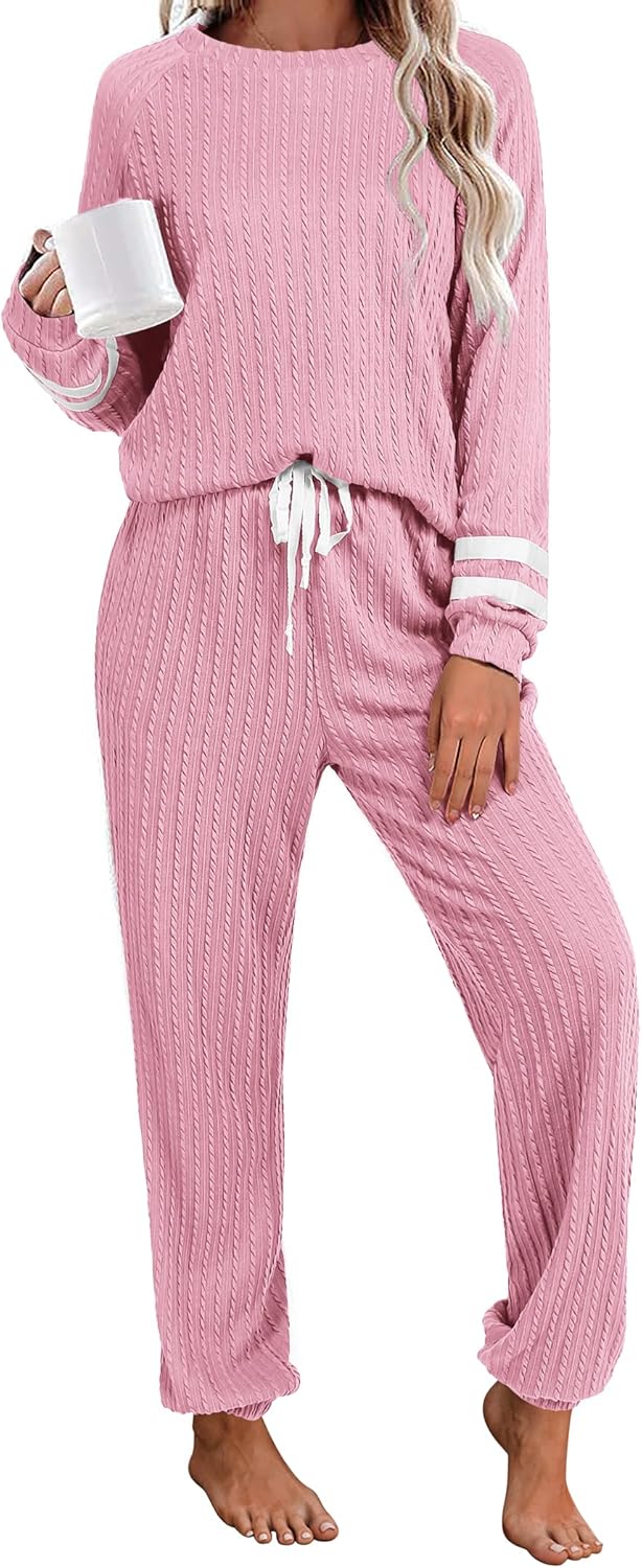 Ekouaer Lounge Sets for Women Ribbed Knit Outfits Pajamas Sets 2 Piece Long Sleeve Sweatsuits with Pockets