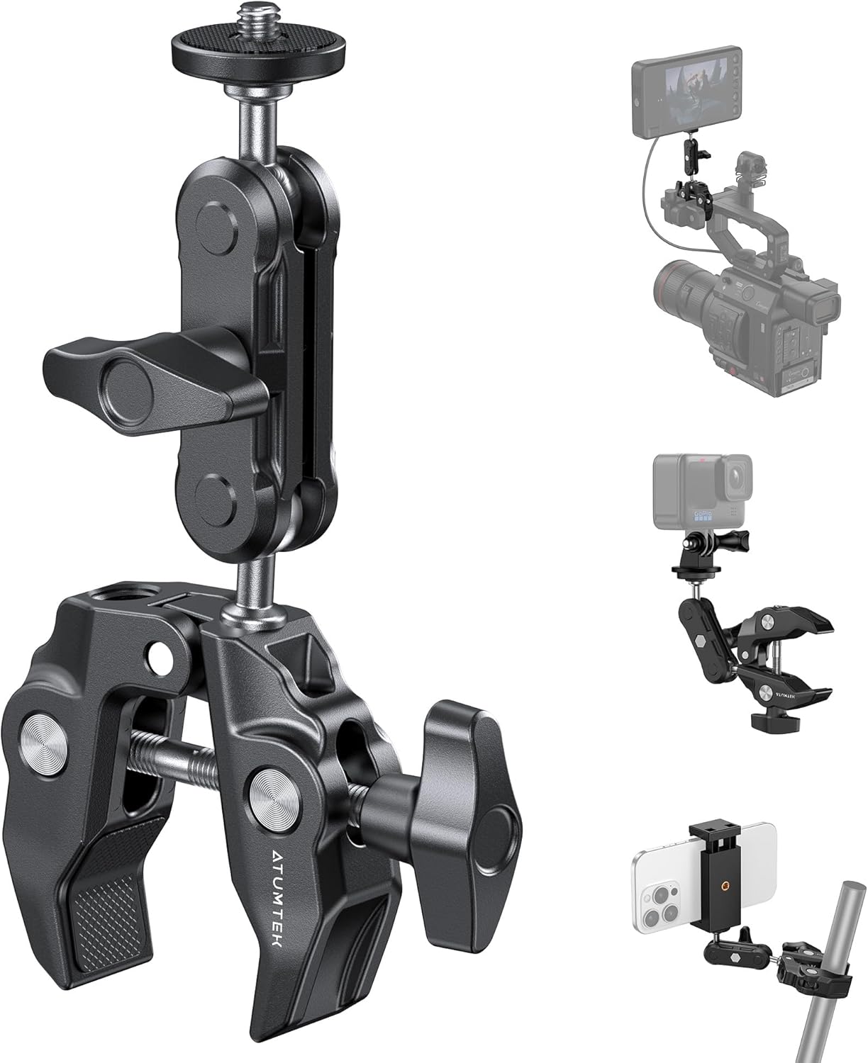 ATUMTEK Super Camera Clamp Mount with 1/4" and 3/8" Threads, Dual Ballhead Magic Arm 360° Ball Head Grip, Phone/Action Camera Mount Adapter for Canon Nikon DSLR Camera, GoPro/Insta360/INSTAX/DJI