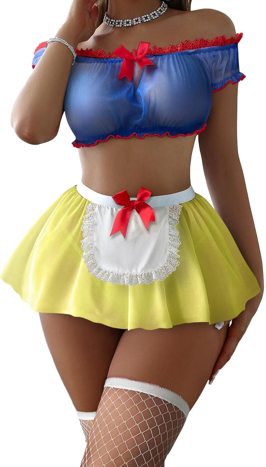 Sexy Stockings Mini Skirt Mesh Sheer Lace Halloween Costume Maid Outfit Lingerie with Thong Set 4 Piece