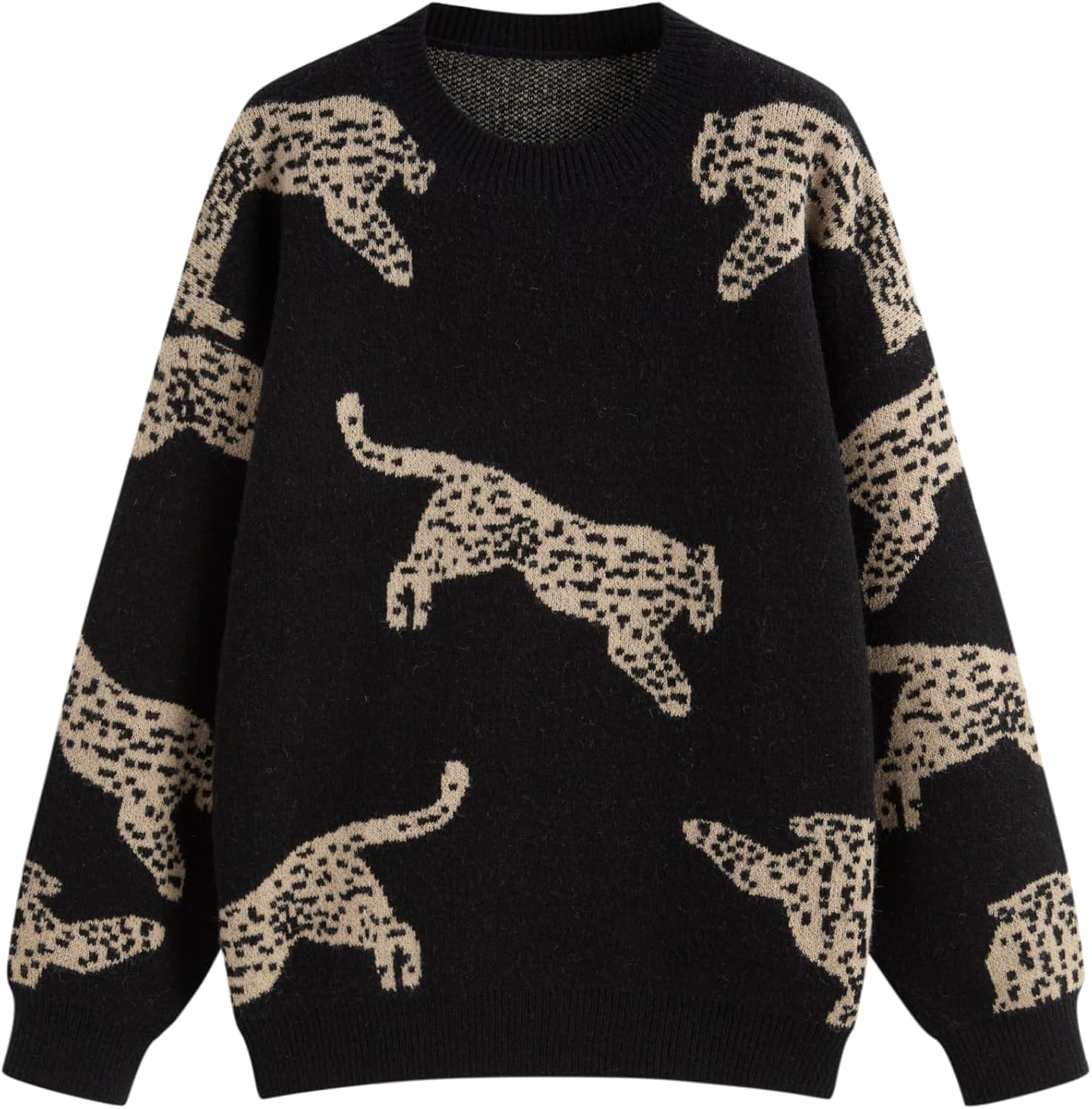CIDER Womens Leopard Crew Neck Long Sleeve Boho Knit Sweater Casual Pullover Fall Sweater
