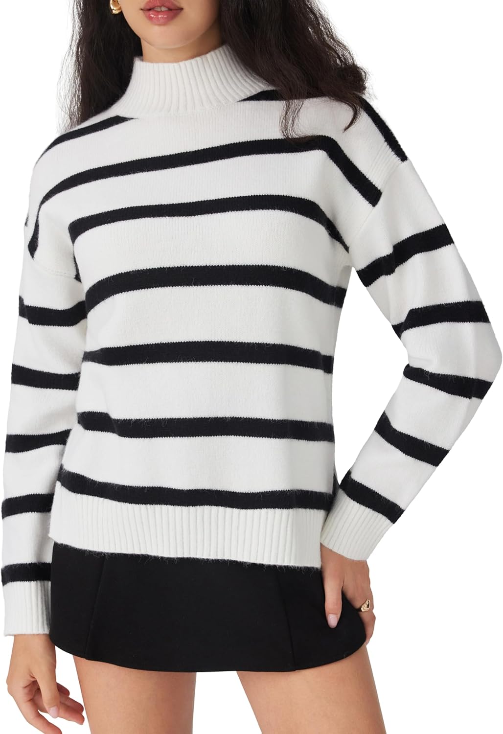 CIDER Striped Mock Neck Sweater Women Long Sleeve Pullover Knit Top