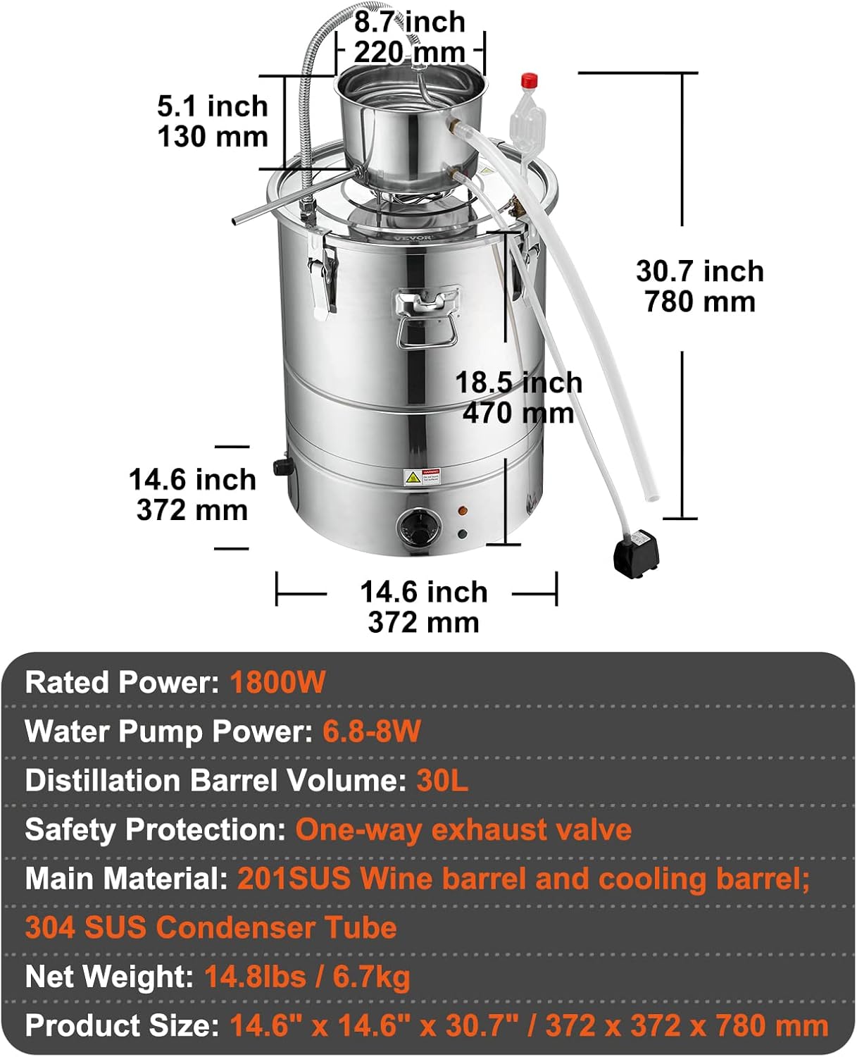 VEVOR Electric Alcohol Still 8Gal/30L, Alcohol Distiller, Distillery Kit for Alcohol include Pump & One-way Exhaust Valve & Thermometer