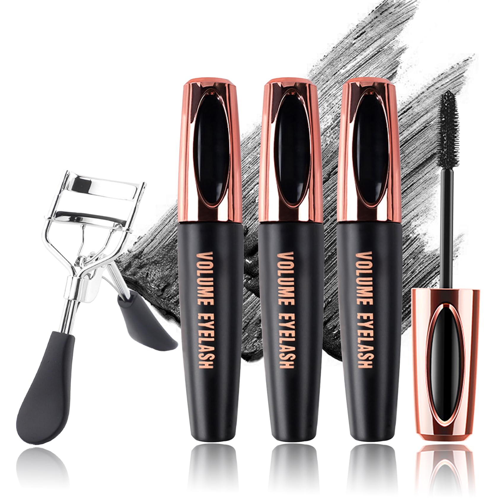 Black Telescopic Mascara Set,3PCS Black Mascara Volume and Length for Eye Makeup,Waterproofing No Clumping Tubing Mascara,No Smudging Curly Black Mascara with Eyelash Curler