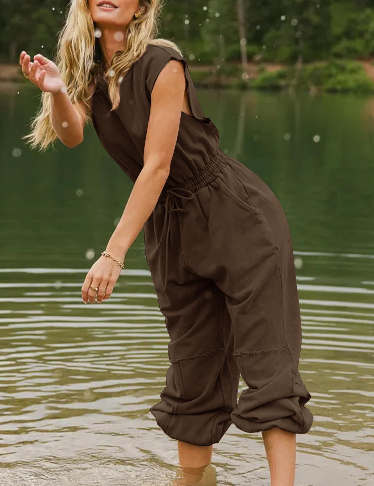 Flygo Womens Casual Jumpsuit Crewneck Cap Sleeve Long Wide Leg Pants One Piece Outfits Drawstring Romper with Pockets(LightGrey-M)