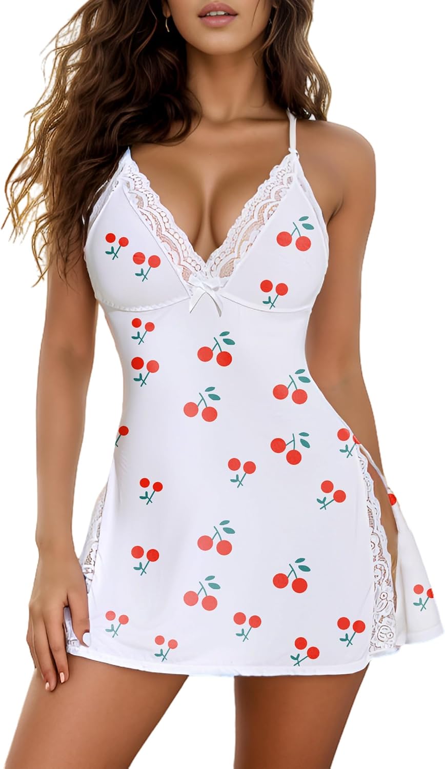 Sexy Night Gowns for Women Babydoll Lingerie Dress Lace Trim Sleep Dress Chemise Nightgowns Side Split Nighty