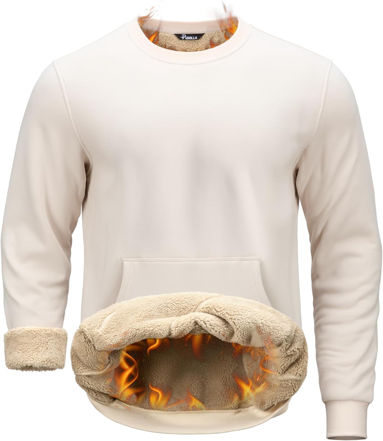 Pudolla Men's Sherpa Lined Sweatshirts Warm Soft Crewneck Sweatshirts Heavyweight Winter Pullover Kangaroo with Pouch Pocket