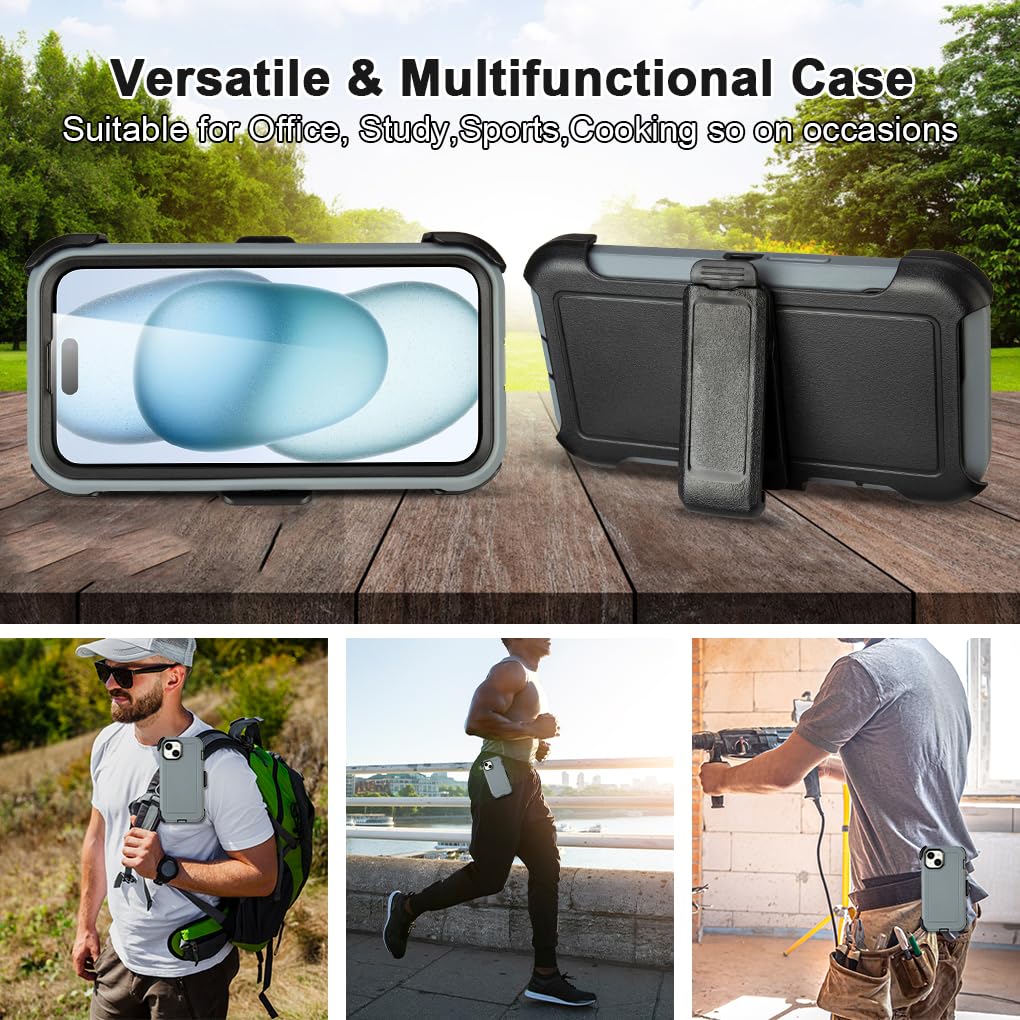 Shockproof Case for iPhone 16 Plus, Heavy Duty, Anti-Drop, 3 Layers, Grey with Belt Clip