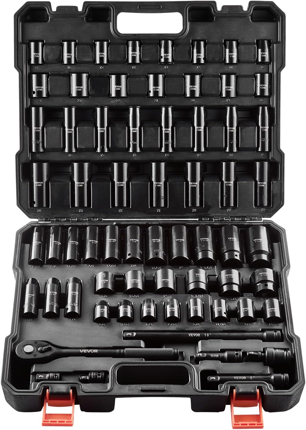 VEVOR Impact Socket Set 3/8" Drive, 48-Piece Standard SAE (5/16 to 3/4 inch) & Metric (8 to 22 mm) Size, Deep & Shallow, 6 Point, CR-V, Extension Bar, Universal Joint, 1/2" F to 3/8" M Reducer