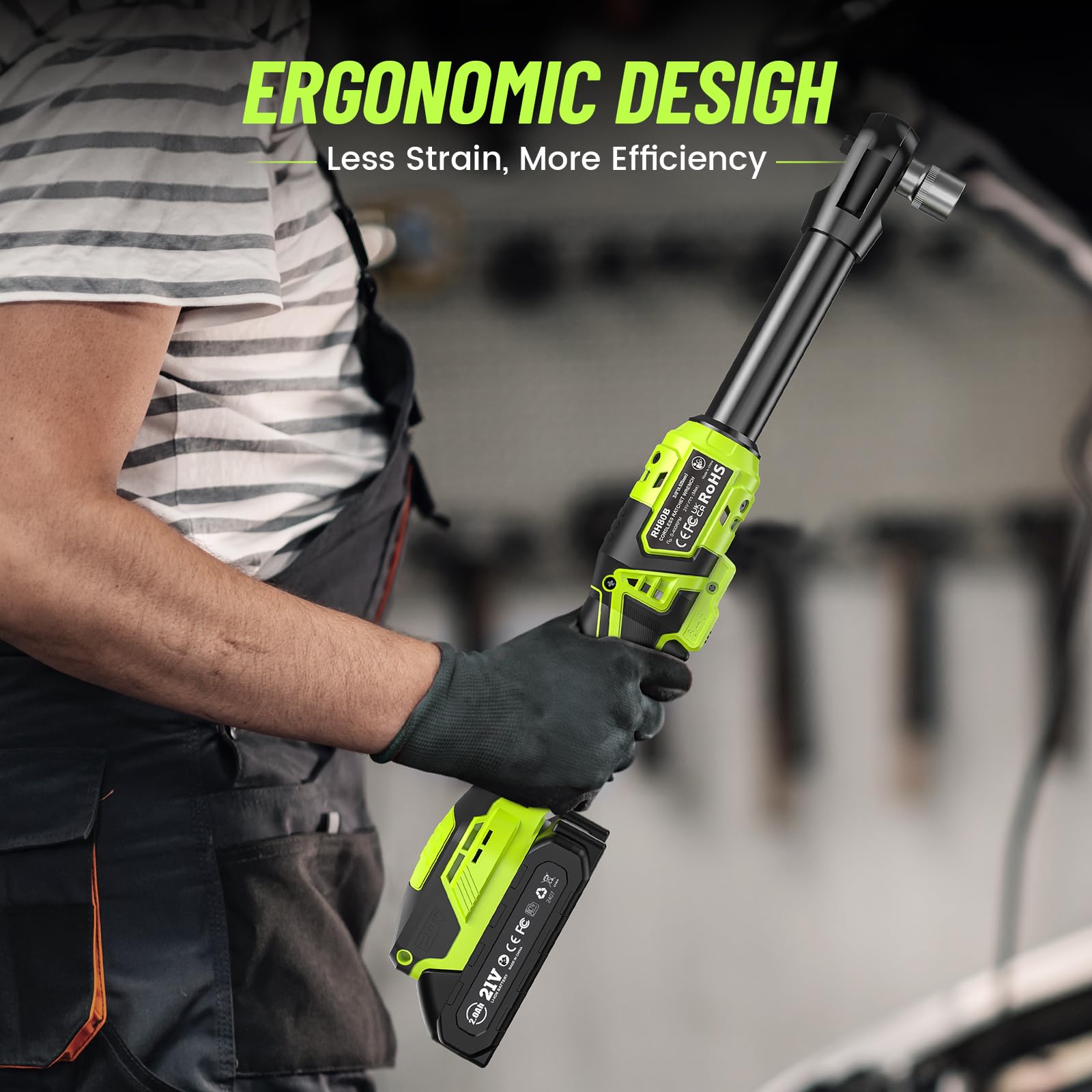 3/8" Cordless Ratchet Wrench: 58Ft-lbs (80N.m) 400RPM Light Weight Electric Ratchet, 6'' Extended Neck, 2 x2.0Ah Battery, 8 Sockets, 3" Extension Bar, LED Light (RH80B)