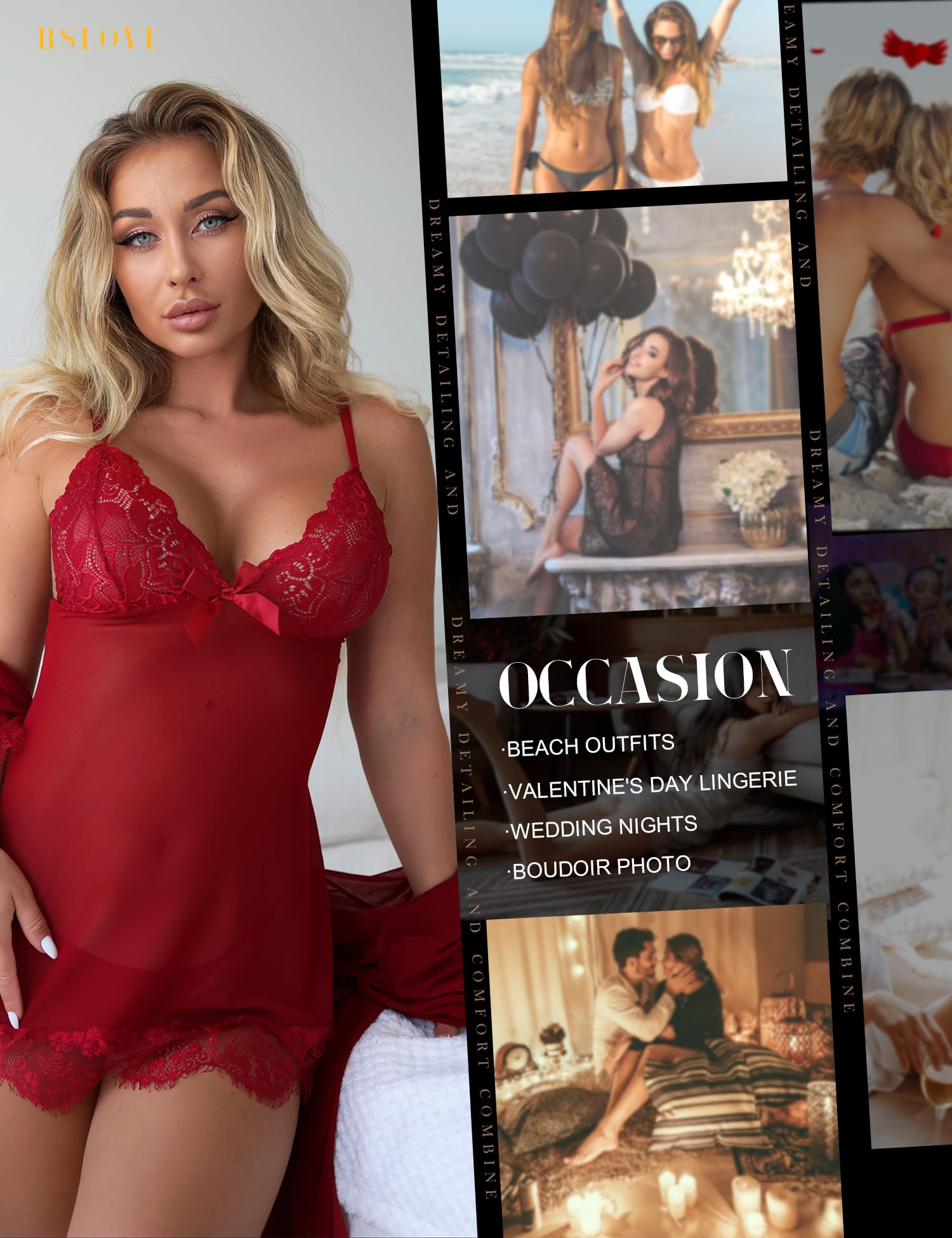 RSLOVE Women Sexy Lingerie Set 3 Piece Babydoll & Lace Kimono Robe Strap Chemise Mesh Nightgown Wine Red M