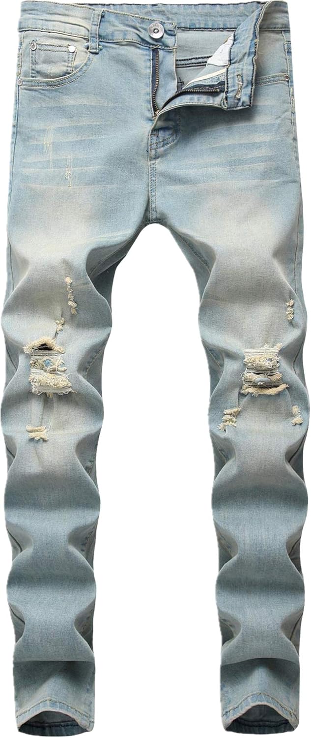 Boy's Skinny Fit Ripped Destroyed Distressed Stretch Slim Jeans Pants