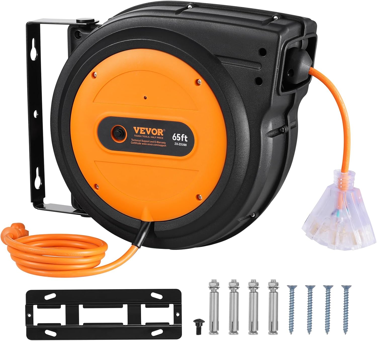 VEVOR Retractable Extension Cord Reel, 45 FT, Heavy Duty 12AWG/3C SJTOW Power Cord, with Lighted Triple Tap Outlet, 15 Amp Circuit Breaker, 180° Swivel Bracket for Ceiling or Wall Mount