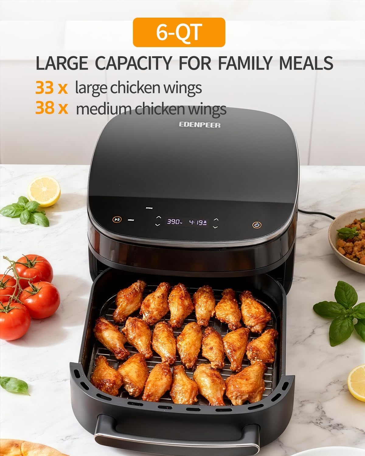 Extra Large Air Fryer,11-IN-1 6 QT 450F Air Fryer with Superior Airflow, Dual Heat Source Technology, Smart Digital Wide Fryer with PFAS Free Basket, Fits a 12" Pizza or 33 Chicken Wings