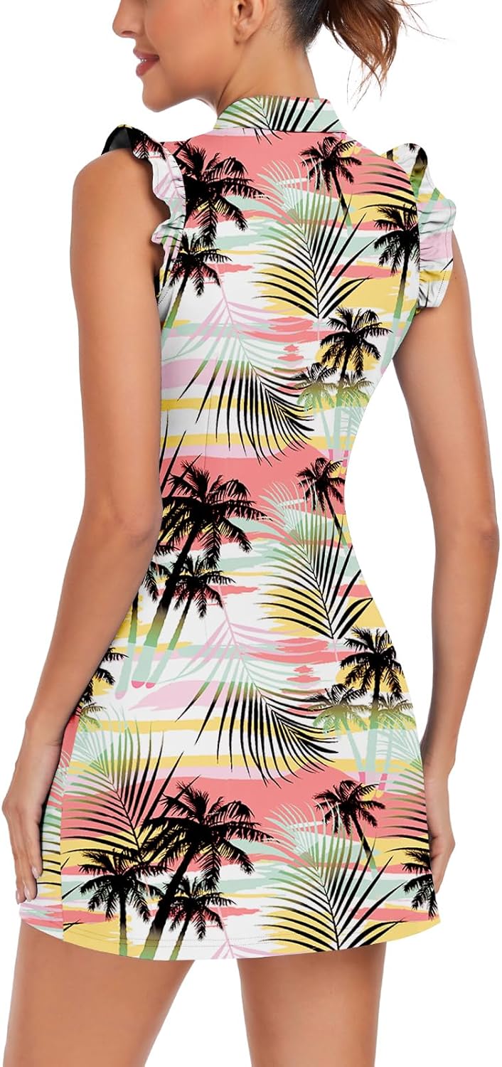WOWENY Tennis Dress Polo Buttons Golf Dresses with Built in Shorts and Pockets Ruffle Sleeveless Athletic Workout Dress