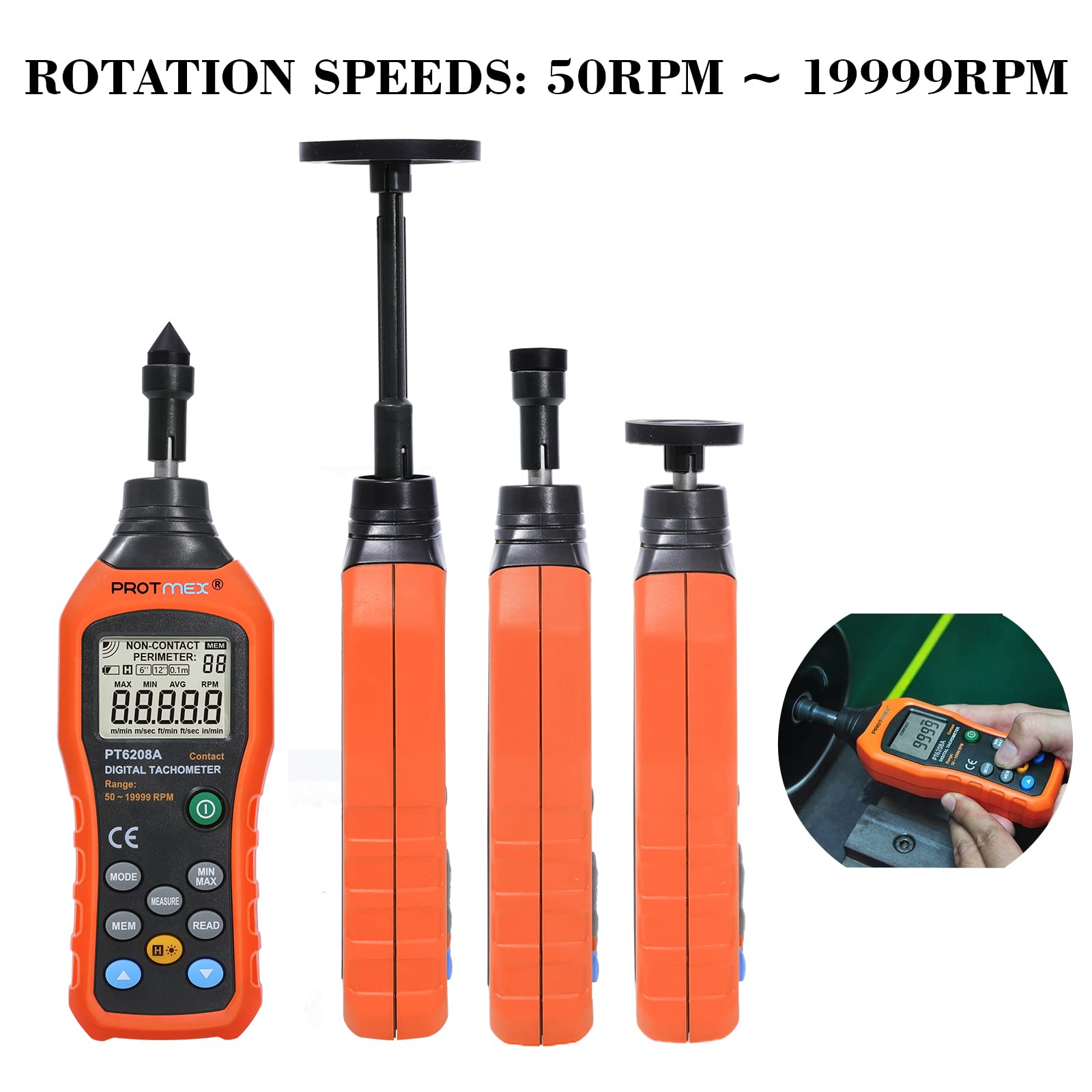 Digital Tachometer, 50-19999 RPM Contact Tachometer, 100 Groups Data Store Handheld Speed Meter with Backlight, Max/Min/AVG RPM Rotation Speed Gauge, PT6208A (Batteries Included)