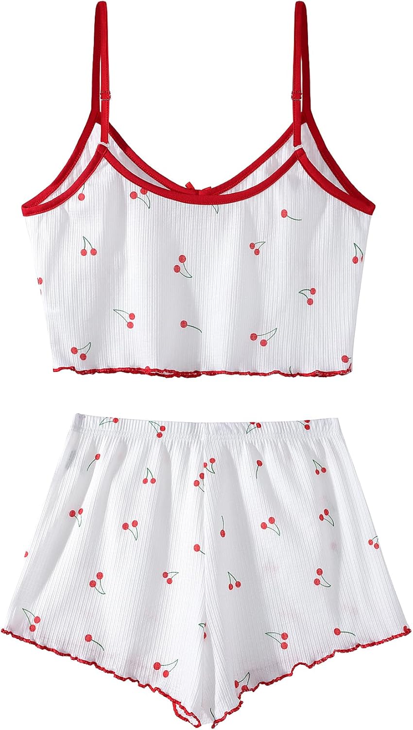 Hilinker Womens Graphic Print Ribbed PJ Set Crop Cami Tops and Shorts Cute Pajamas Set