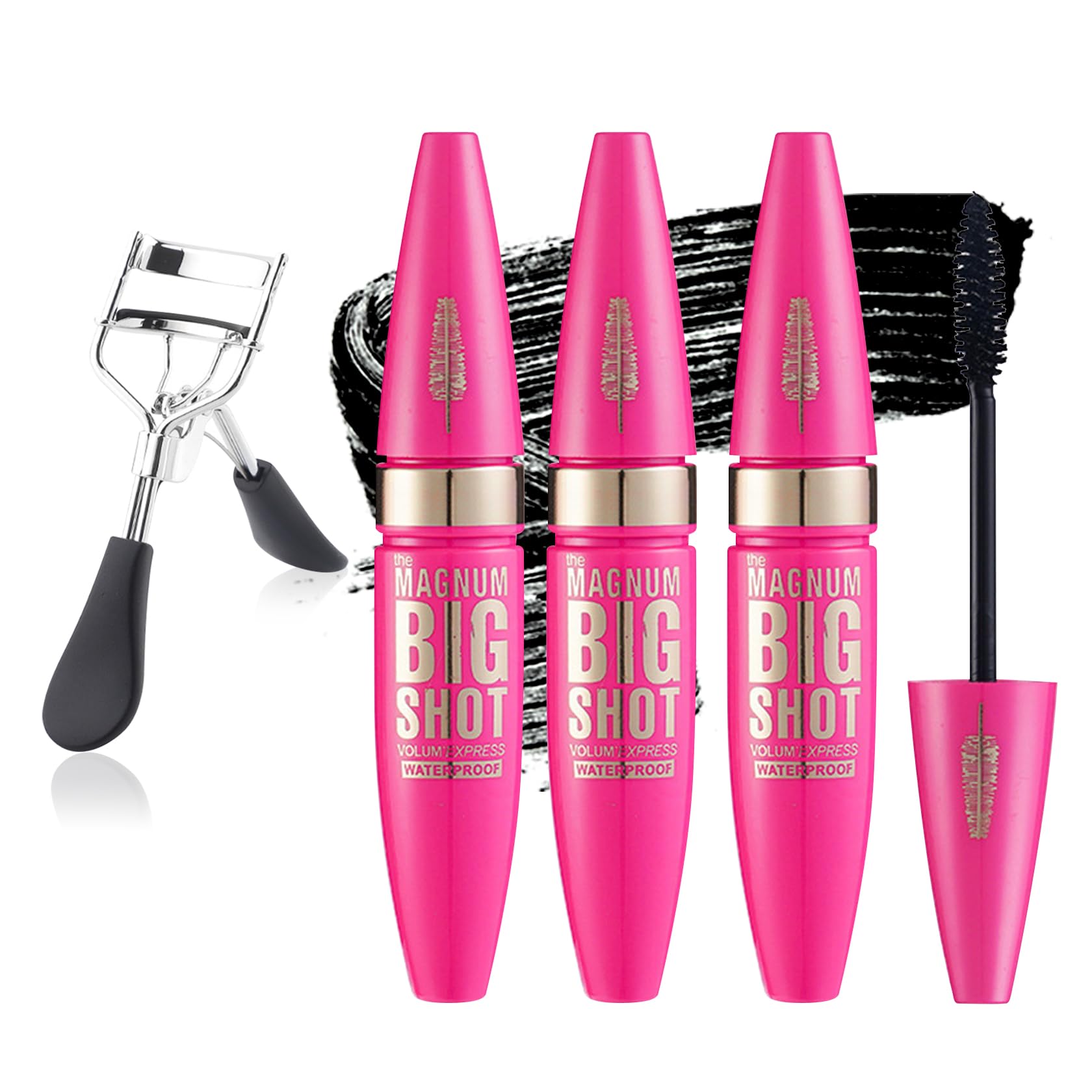 Black Telescopic Mascara Set,3PCS Black Mascara Volume and Length for Eye Makeup,Waterproofing No Clumping Tubing Mascara,No Smudging Curly Black Mascara with Eyelash Curler