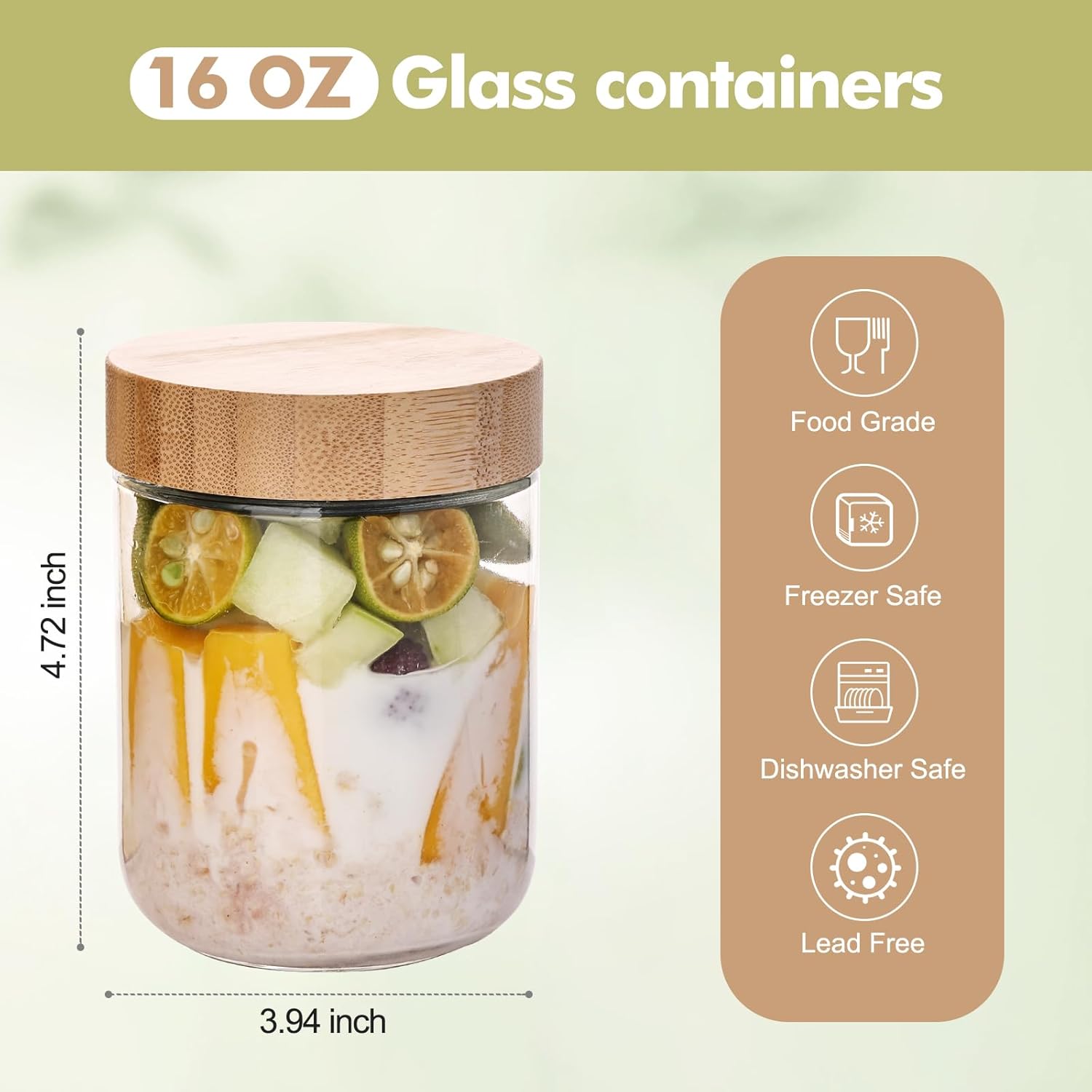 6-Pack Overnight Oats Containers with Bamboo Airtight Lids, 16oz Wide Mouth Mason Salad jars, Glass Food Storage Containers for Snacks Sugar Spice Yogurt