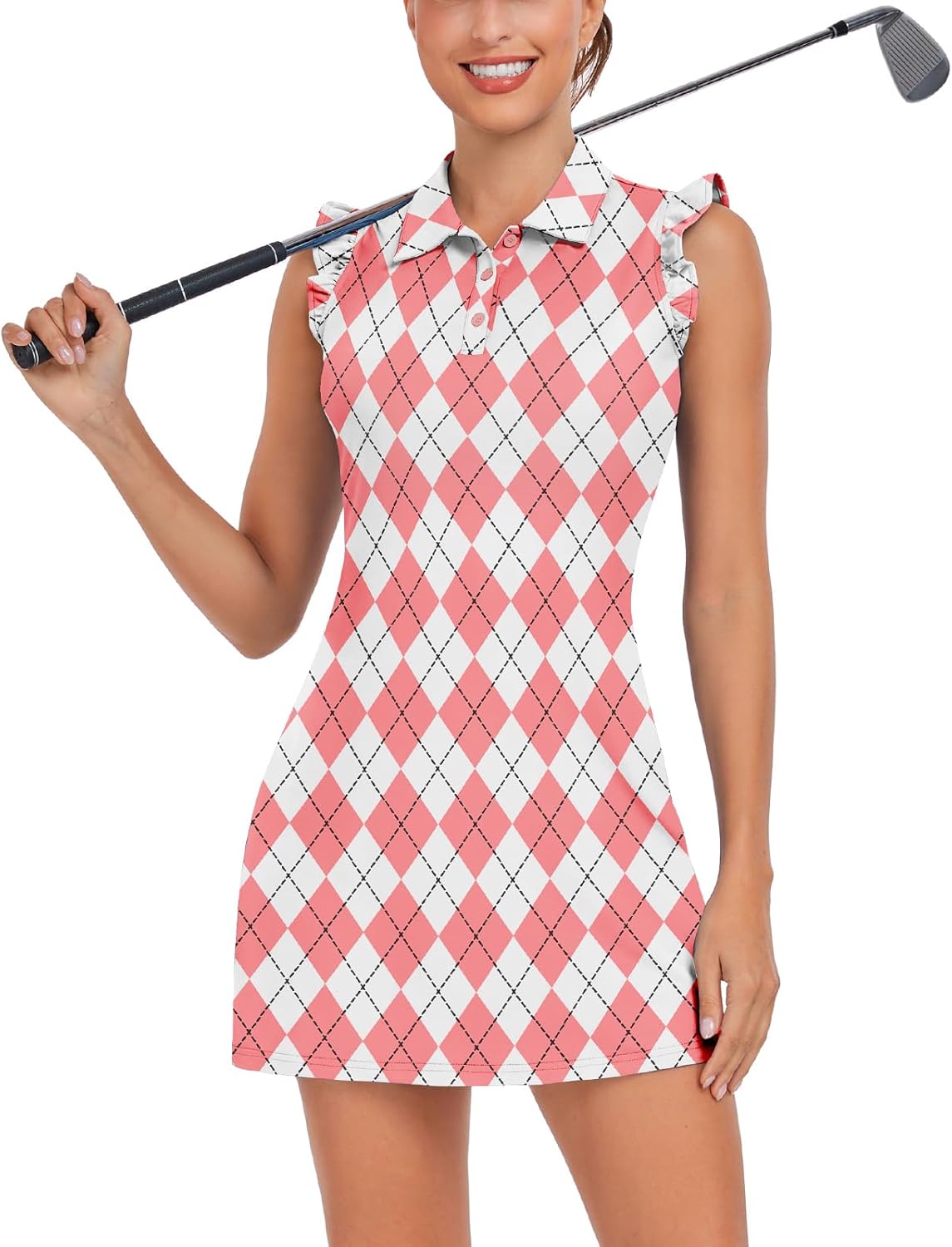 WOWENY Tennis Dress Polo Buttons Golf Dresses with Built in Shorts and Pockets Ruffle Sleeveless Athletic Workout Dress