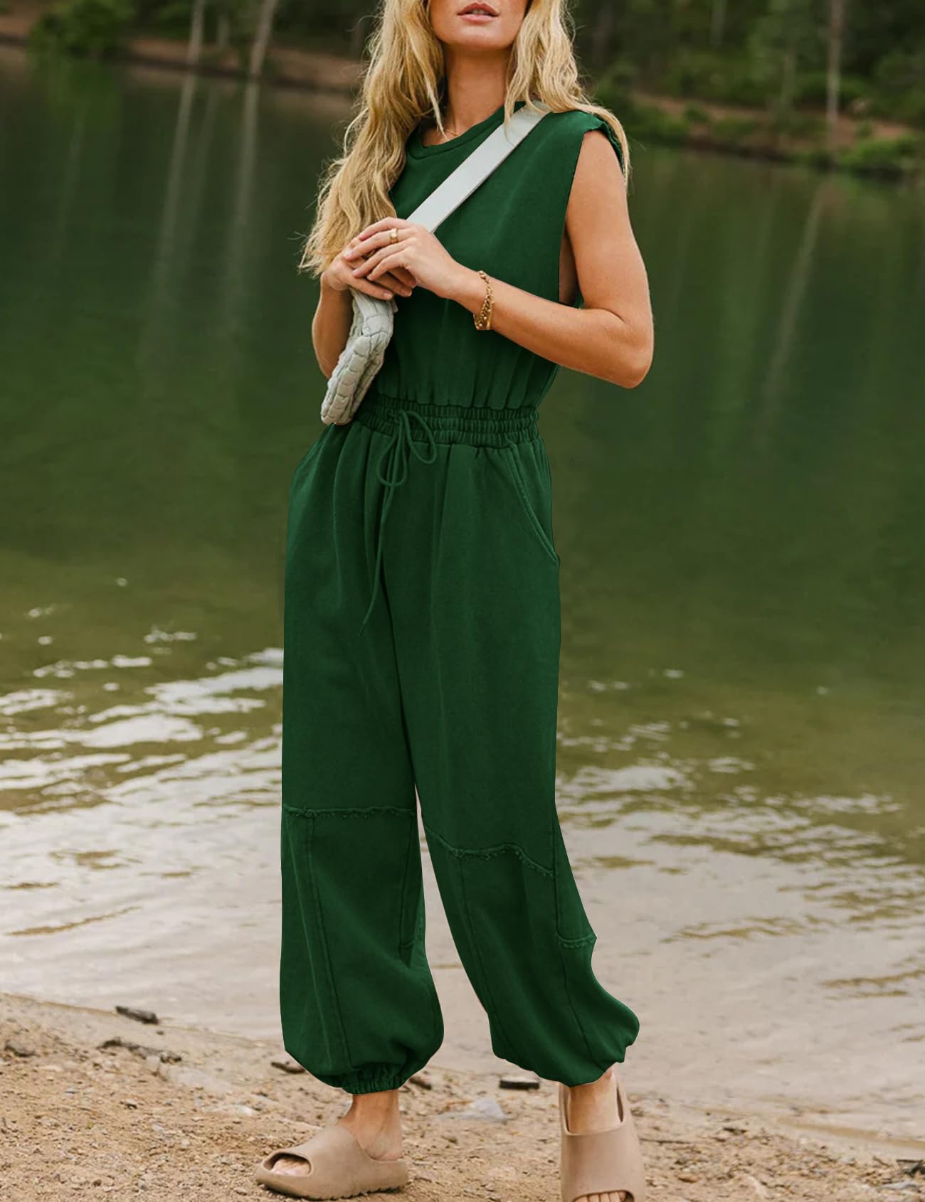 Flygo Womens Casual Jumpsuit Crewneck Cap Sleeve Long Wide Leg Pants One Piece Outfits Drawstring Romper with Pockets(LightGrey-M)