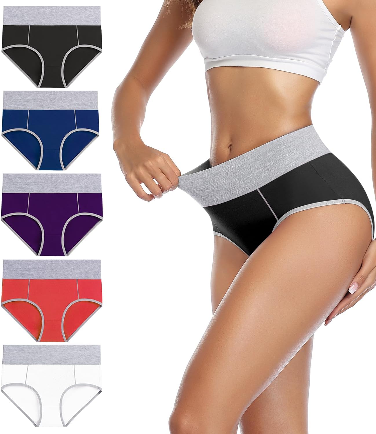 wirarpa Women's Cotton Underwear High Waist Stretch Briefs Soft Underpants Ladies Full Coverage Panties 5 Pack