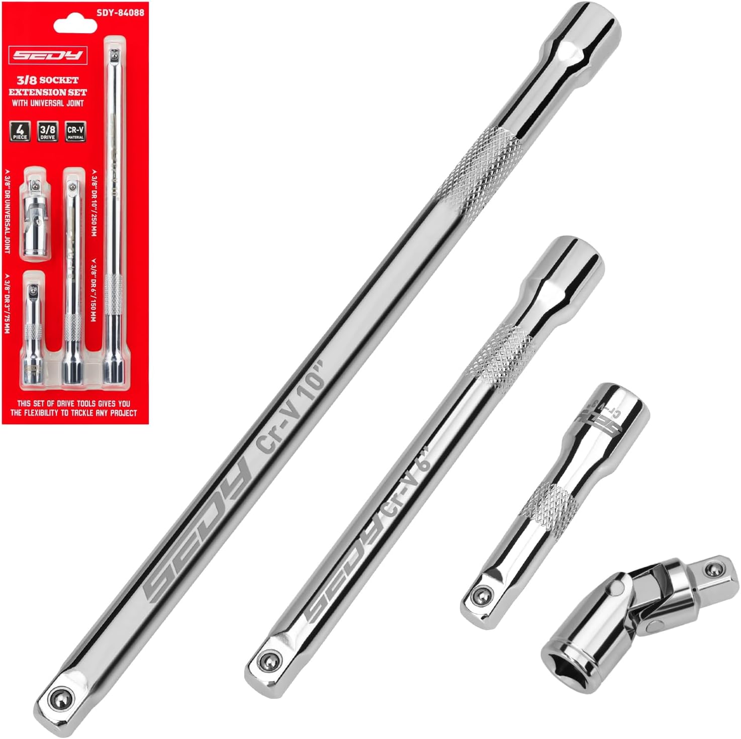 4-Piece 3/8" Drive Socket Extension Bar Set, Professional Socket Extension Set Include 3, 6, and 10 Inch Extensions and 3/8 Inch drive Universal Joint Sockets, Premium Cr-V Steel Construction