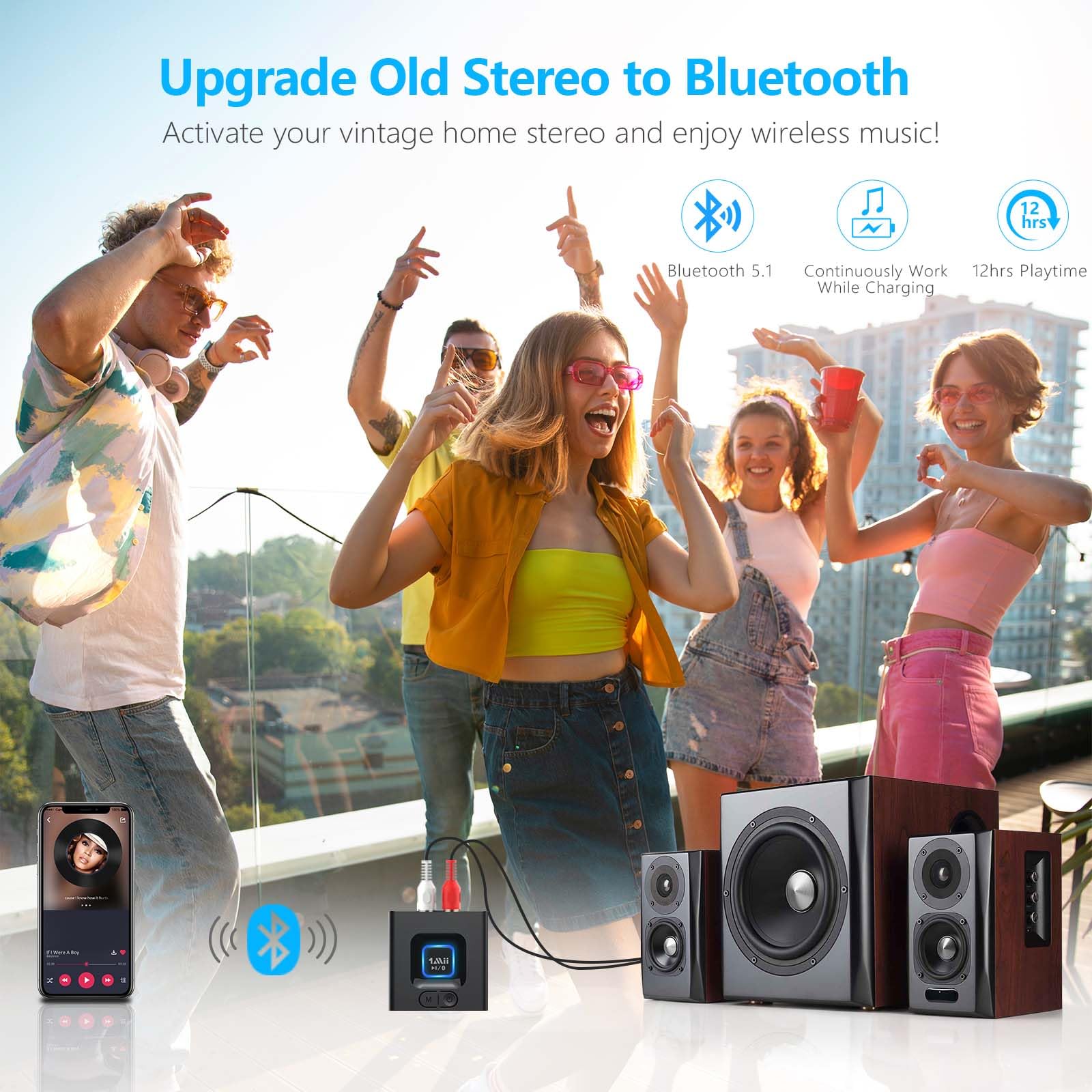 1Mii Bluetooth 5.1 Receiver for Home Stereo, Bluetooth Audio Adapter with 3.5mm RCA, Wireless Hi-Fi Music Streaming from Smartphone/Tablet to Wired Speaker, 12hrs Playtime, Bass Mode