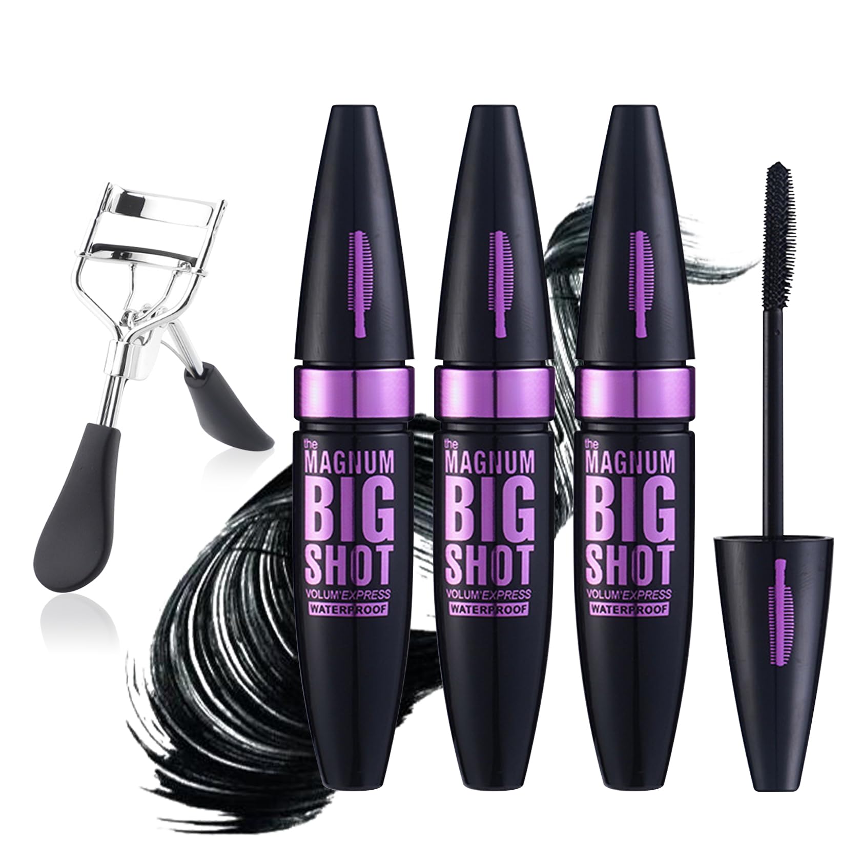 Black Telescopic Mascara Set,3PCS Black Mascara Volume and Length for Eye Makeup,Waterproofing No Clumping Tubing Mascara,No Smudging Curly Black Mascara with Eyelash Curler
