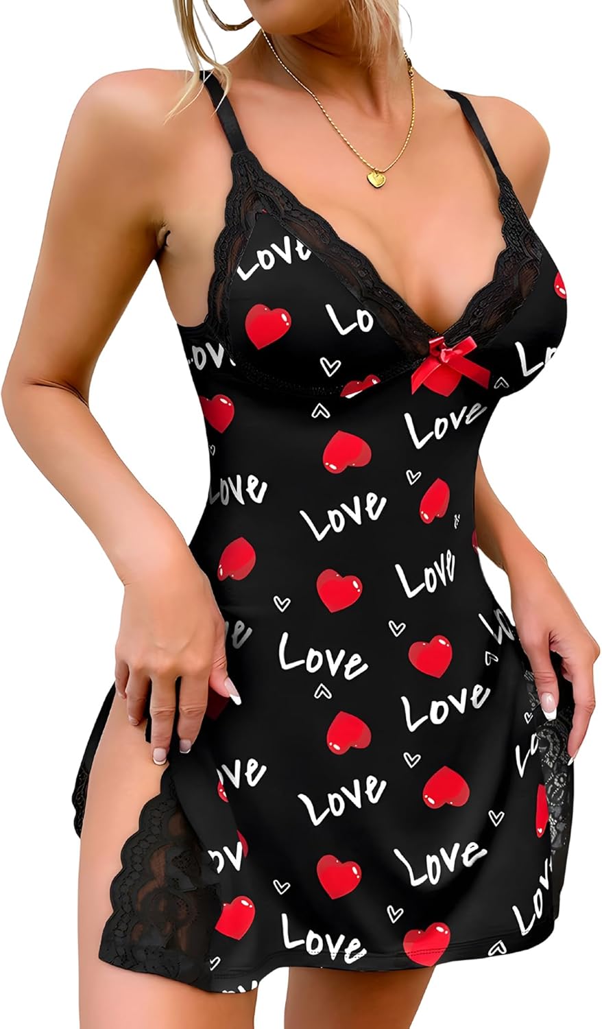 Sexy Night Gowns for Women Babydoll Lingerie Dress Lace Trim Sleep Dress Chemise Nightgowns Side Split Nighty