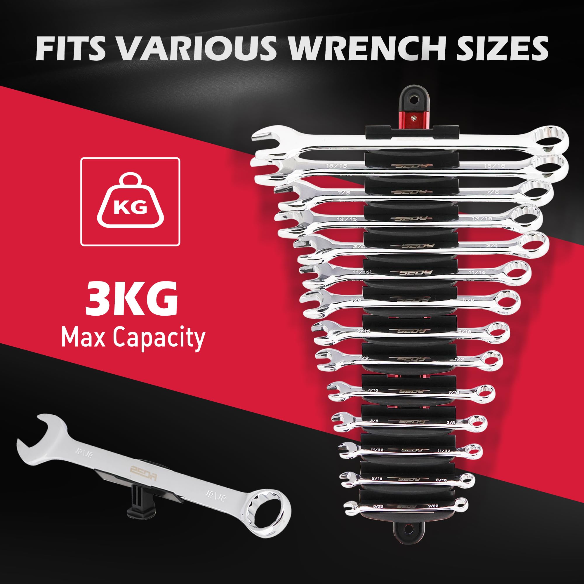 2-Pack Magnetic Wrench Organizer, 32-Slot Premium Wrench Rack Holder Tool Trays for Toolboxes Drawer Storage, SAE (1/4" - 1-1/16") & Metric (6mm - 24mm)