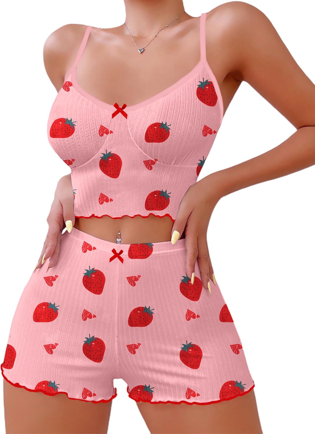 Hilinker Womens Graphic Print Ribbed PJ Set Crop Cami Tops and Shorts Cute Pajamas Set